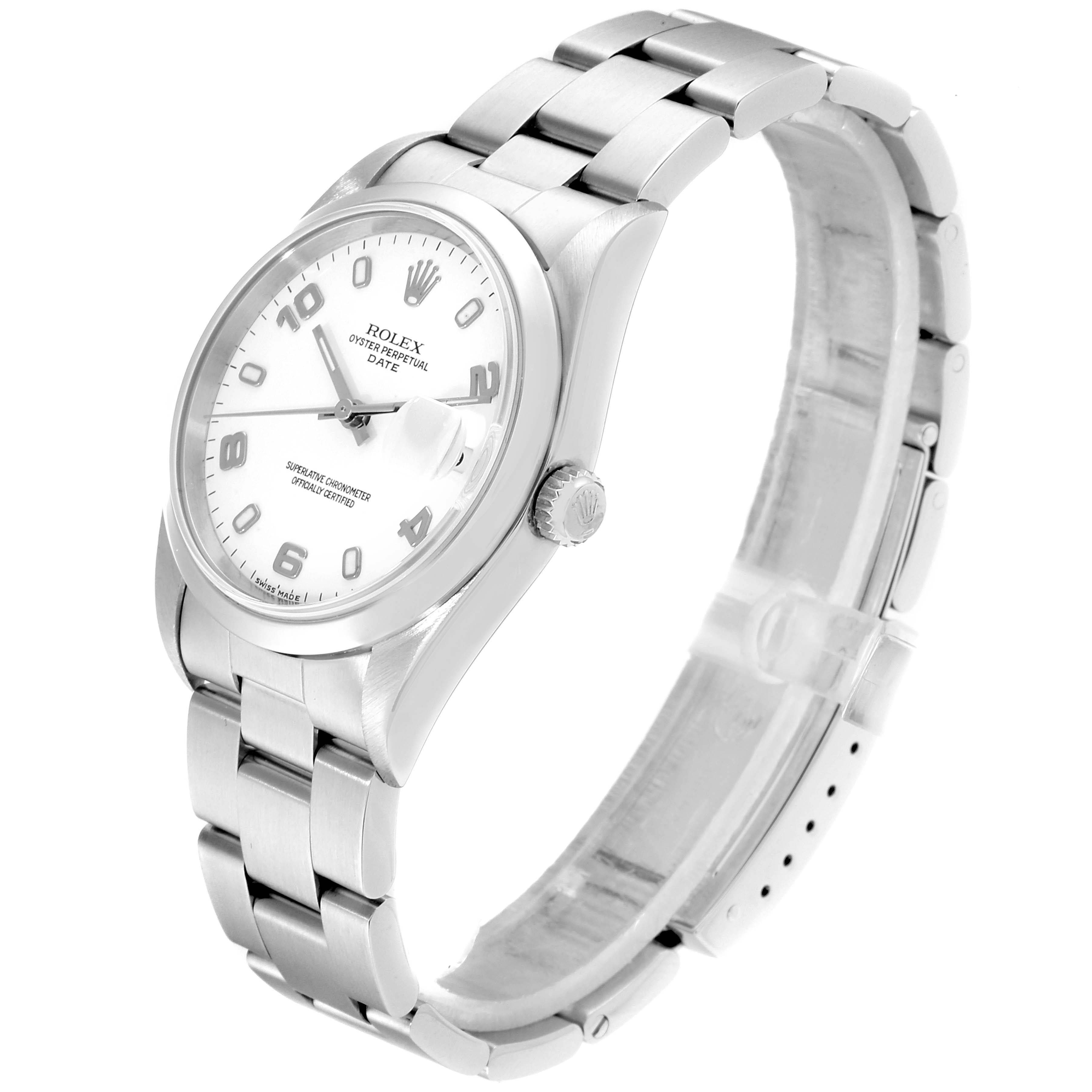 The image shows a side angle view of a Rolex Date 15200 Men's Stainless Steel White Dial 15200 Men's Stainless Steel White Dial model watch, highlighting its stainless steel case, bracelet, and white dial.