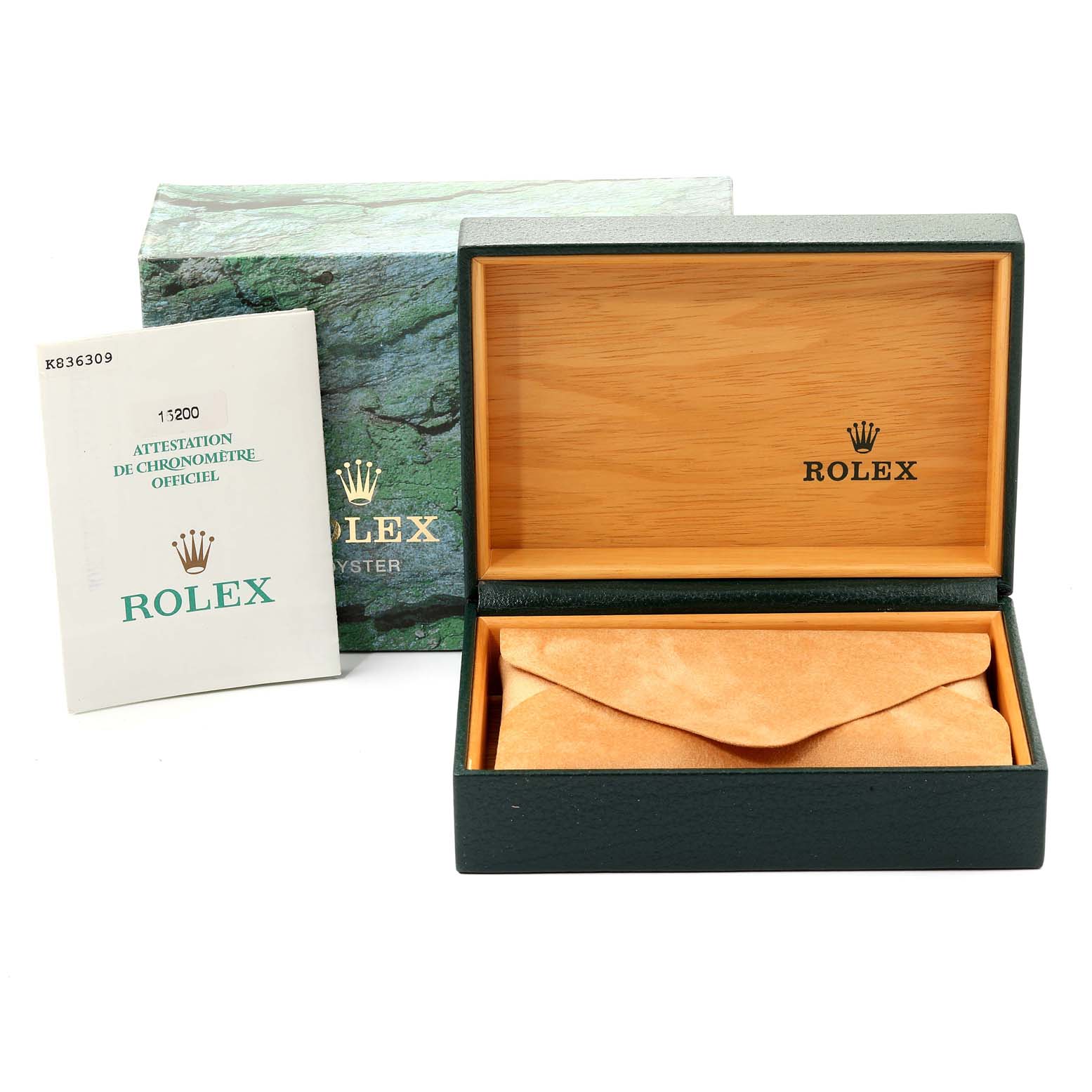 This image shows an open Rolex Date 15200 Men's Stainless Steel White Dial 15200 Men's Stainless Steel White Dial model watch box, a booklet, and packaging from a front angle.