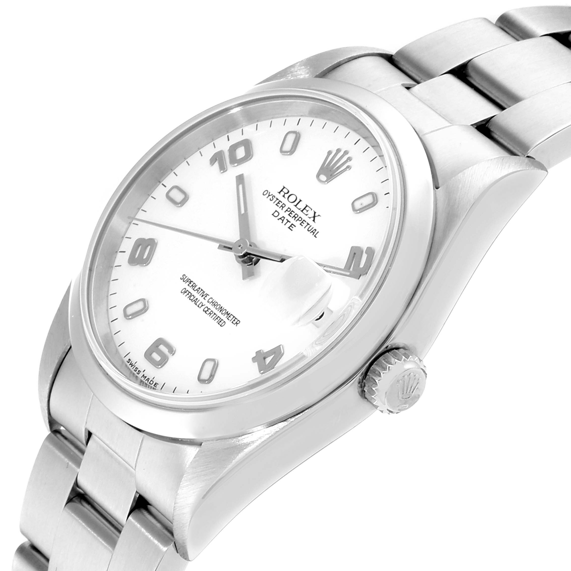 The image shows a top-front angled view of a Rolex Date 15200 Men's Stainless Steel White Dial 15200 Men's Stainless Steel White Dial model watch, displaying the face, crown, and part of the bracelet.