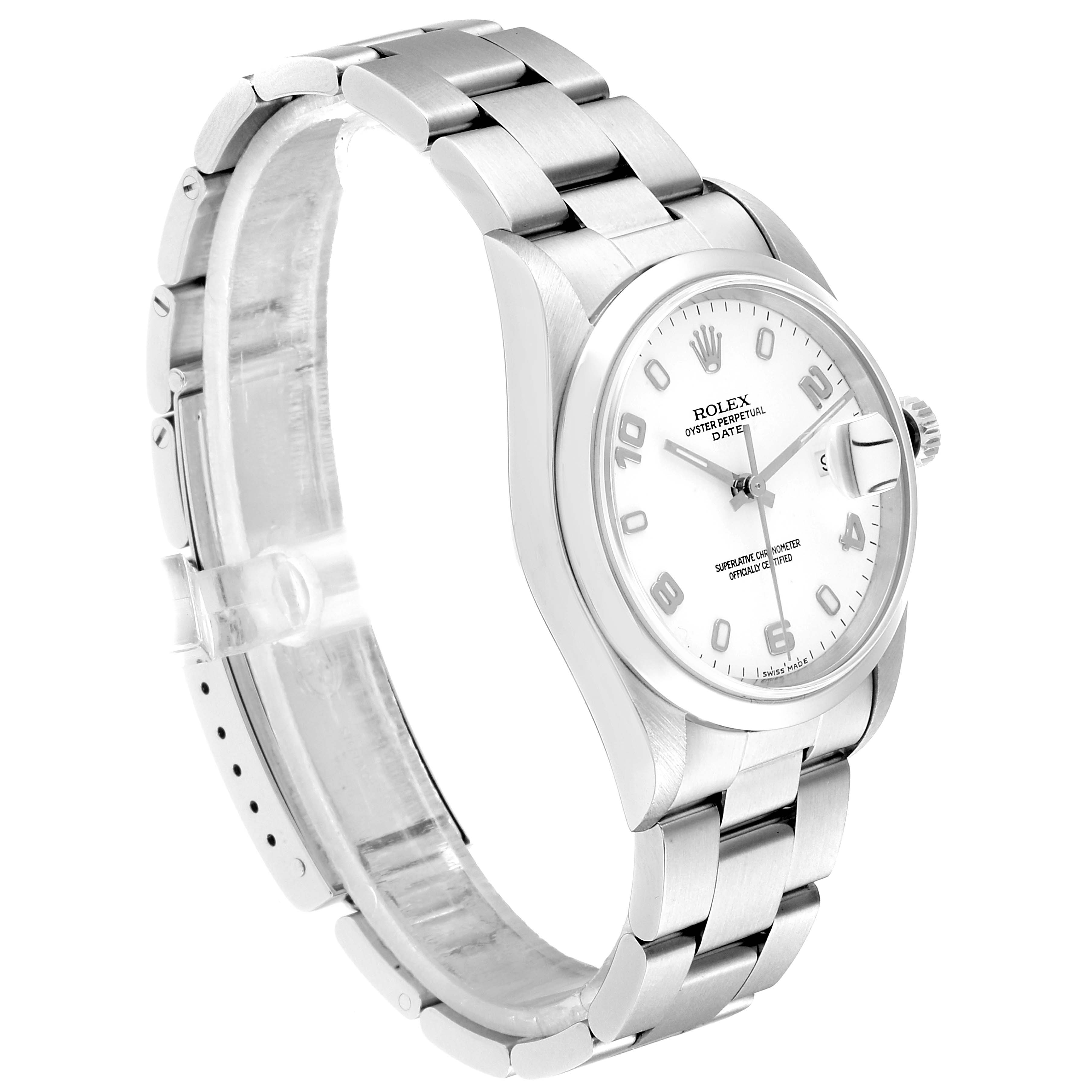 This image shows a Rolex Date 15200 Men's Stainless Steel White Dial 15200 Men's Stainless Steel White Dial model watch, angled to display the face, bezel, and bracelet.