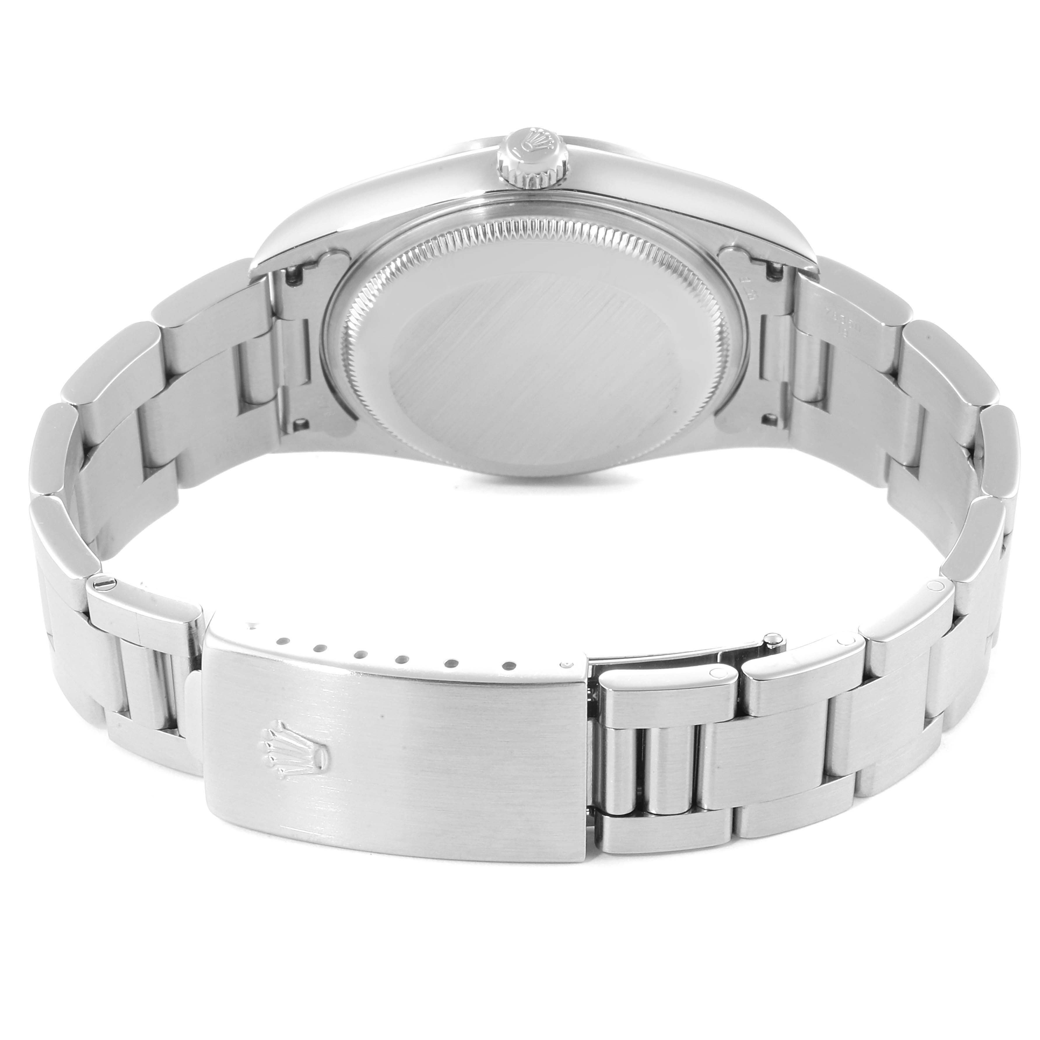 This image shows the back view of a Rolex Date 15200 Men's Stainless Steel White Dial 15200 Men's Stainless Steel White Dial model watch, focusing on the case back, bracelet, and clasp.