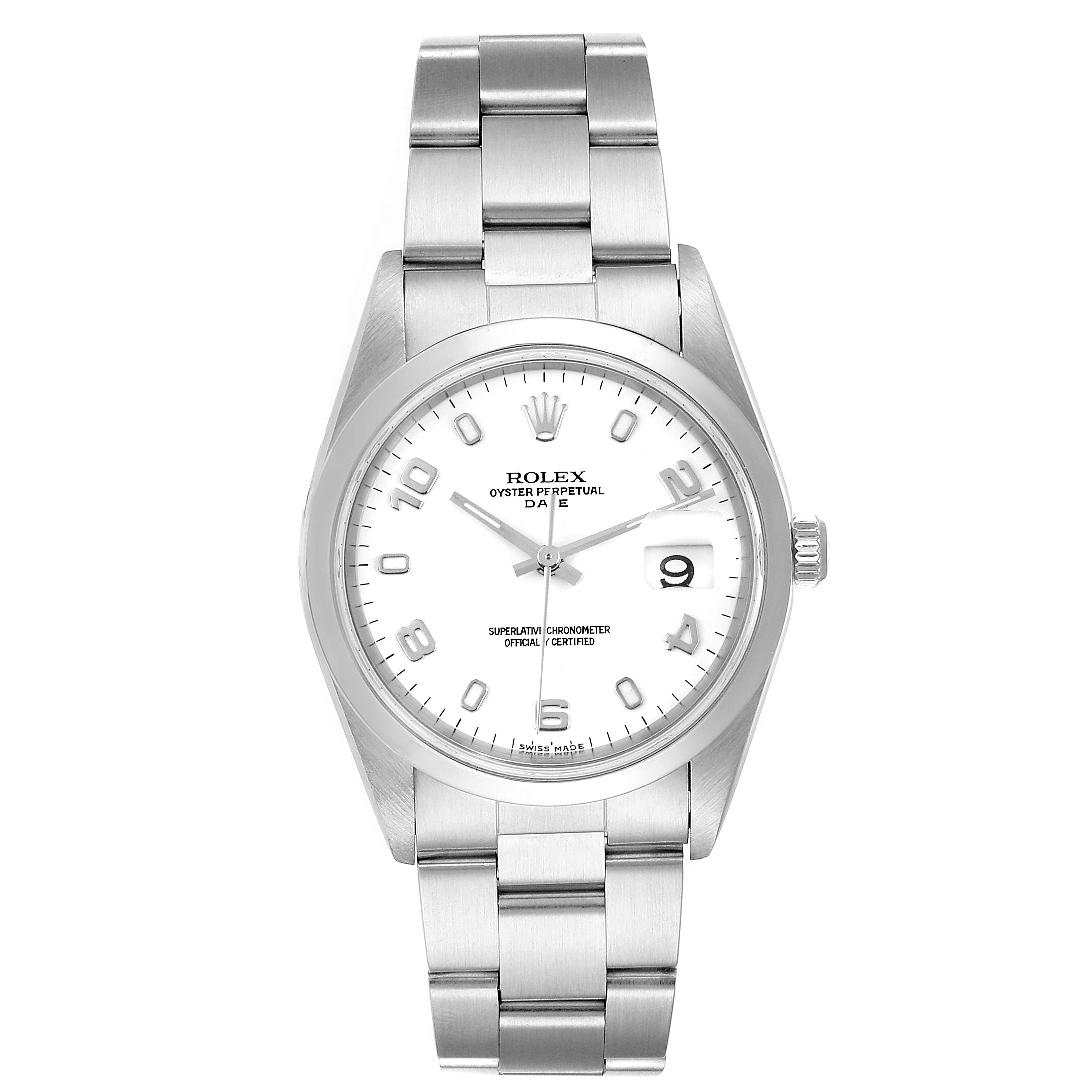 This image shows a front view of the Rolex Date 15200 Men's Stainless Steel White Dial 15200 Men's Stainless Steel White Dial model watch, showcasing its dial, case, and bracelet.