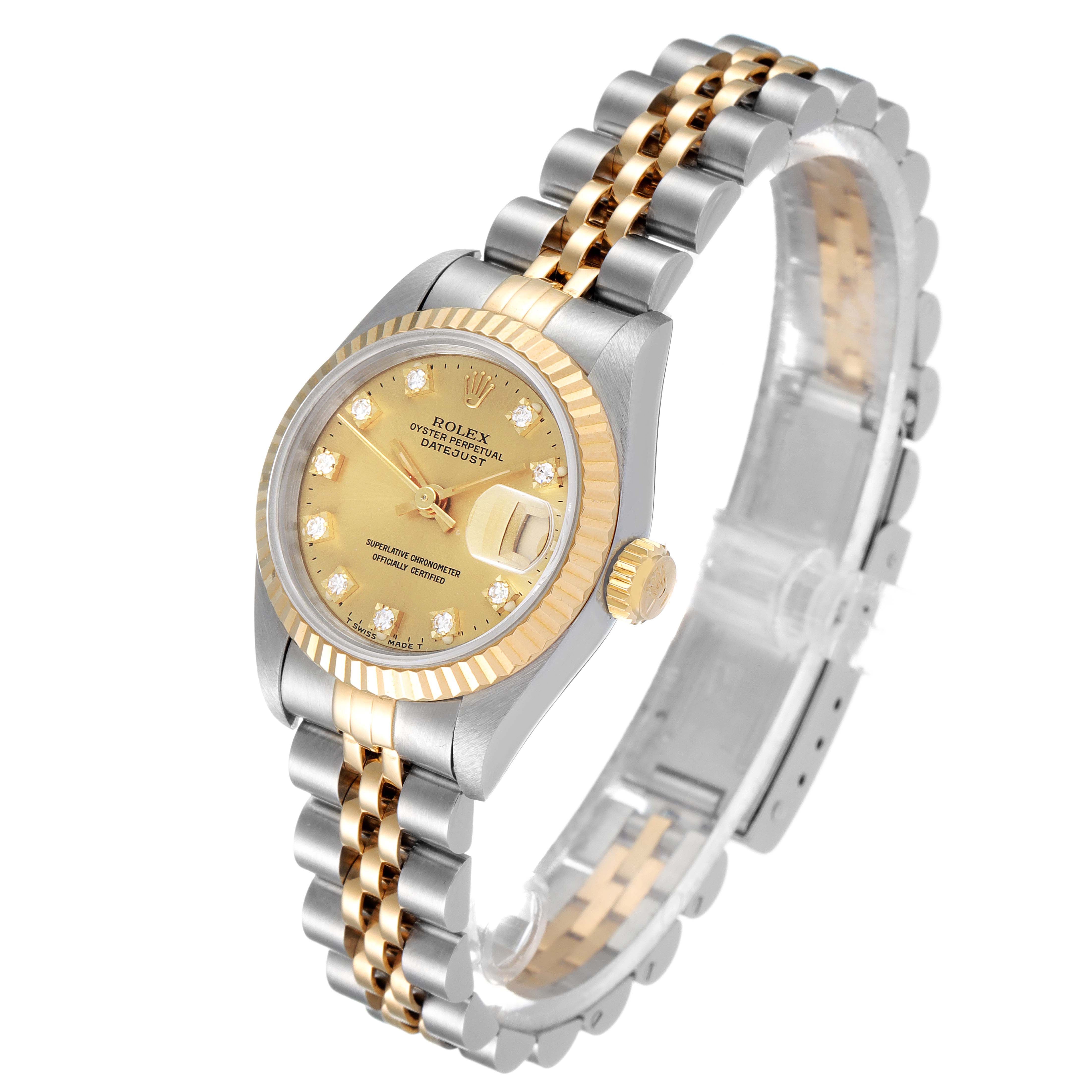 The Rolex Datejust 69173 Women
s Steel and Gold (two tone) Champagne Dial 69173 Women
s Steel and Gold (two tone) Champagne Dial watch is shown at a front-angle, highlighting its dial, bezel, and two-tone bracelet.