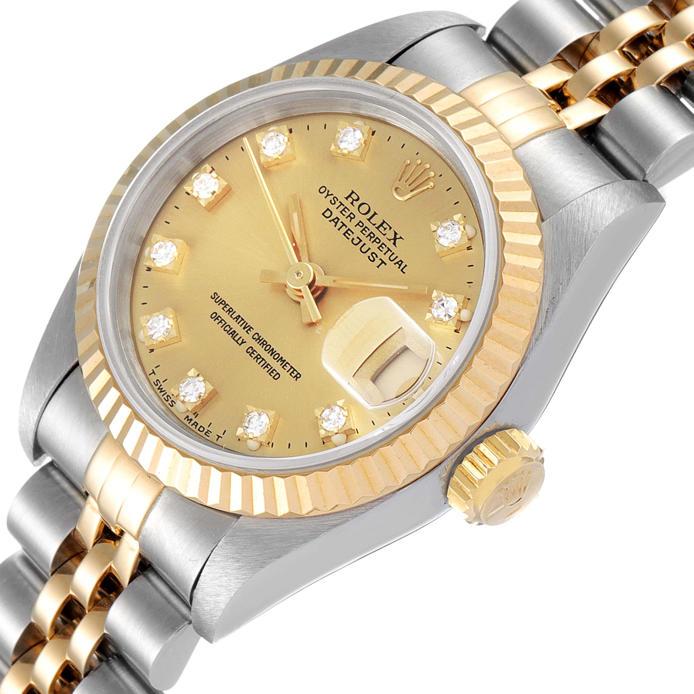 The image shows a Rolex Datejust 69173 Women
s Steel and Gold (two tone) Champagne Dial 69173 Women
s Steel and Gold (two tone) Champagne Dial watch at a slight angle highlighting the dial, fluted bezel, crown, and part of the bracelet.
