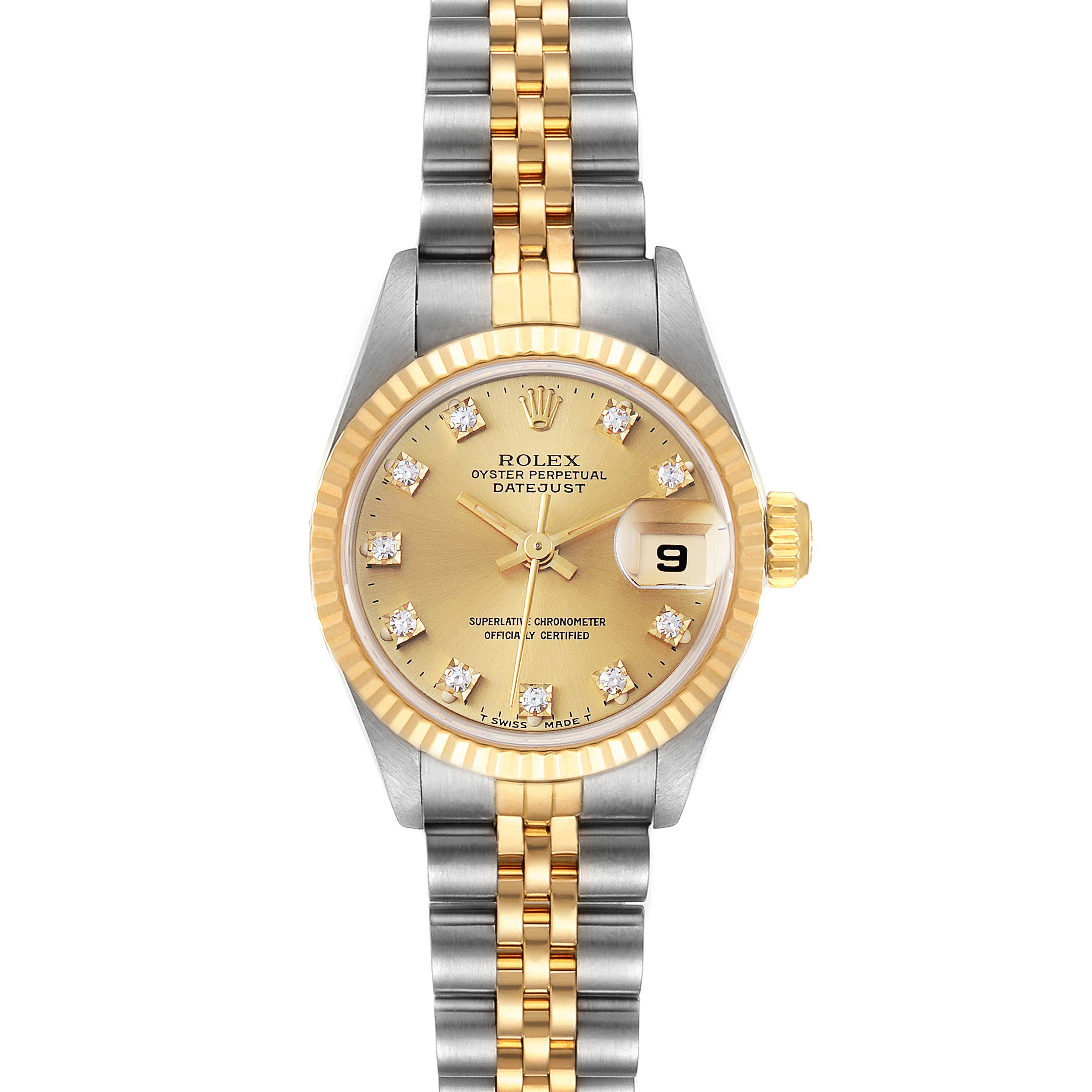 The Rolex Datejust 69173 Women
s Steel and Gold (two tone) Champagne Dial 69173 Women
s Steel and Gold (two tone) Champagne Dial watch is shown from a top-down angle, displaying the face, bezel, and part of the jubilee bracelet.