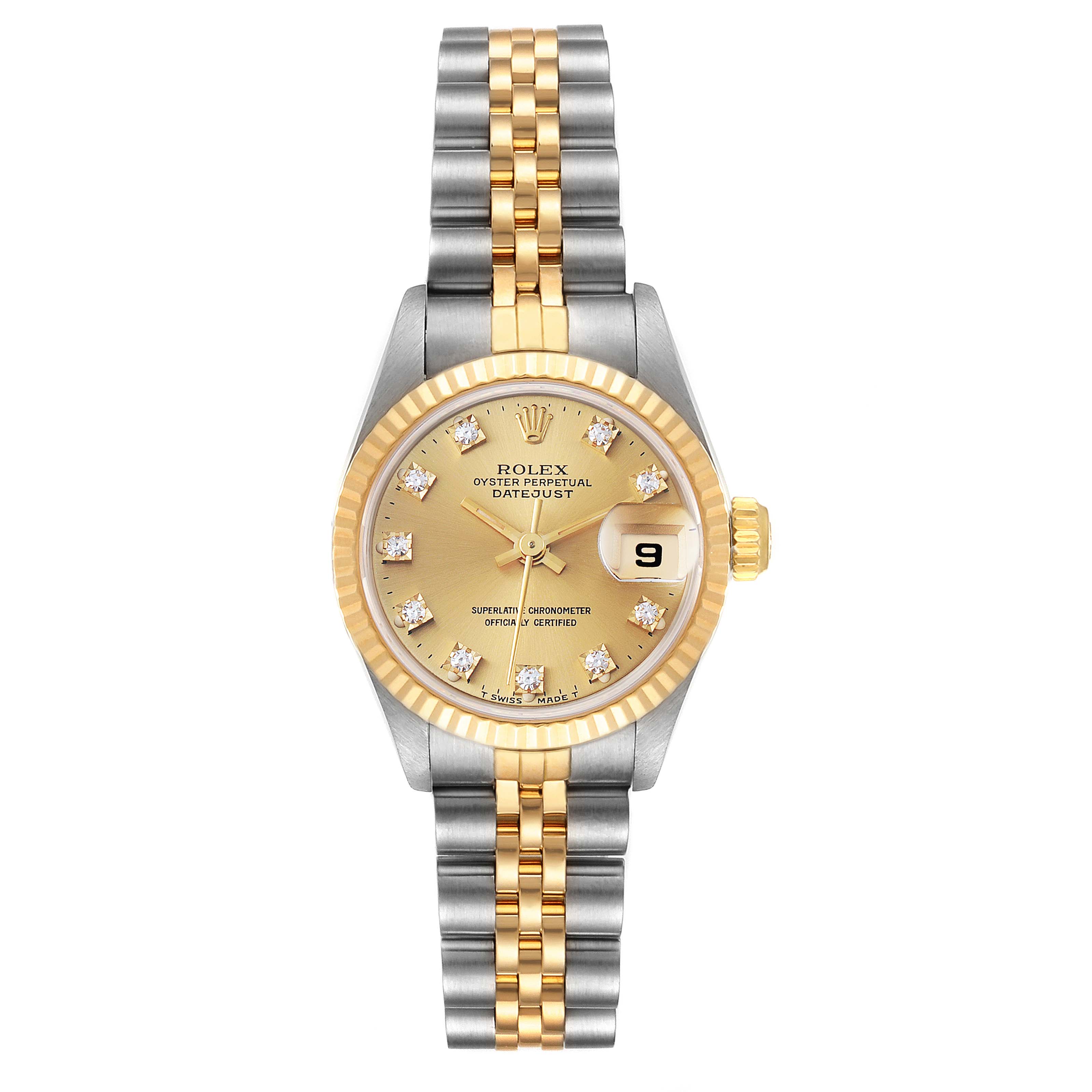 The image shows a frontal view of a Rolex Datejust 69173 Women
s Steel and Gold (two tone) Champagne Dial 69173 Women
s Steel and Gold (two tone) Champagne Dial watch, highlighting its dial, bracelet, bezel, and crown.