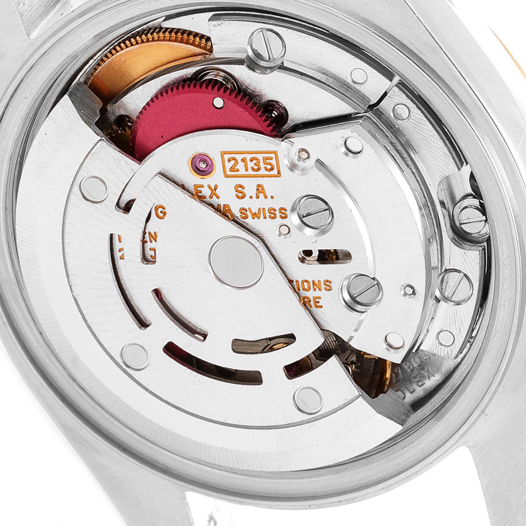 This image shows the internal mechanism of a Rolex Datejust 69173 Women
s Steel and Gold (two tone) Champagne Dial 69173 Women
s Steel and Gold (two tone) Champagne Dial watch from a close-up angle.