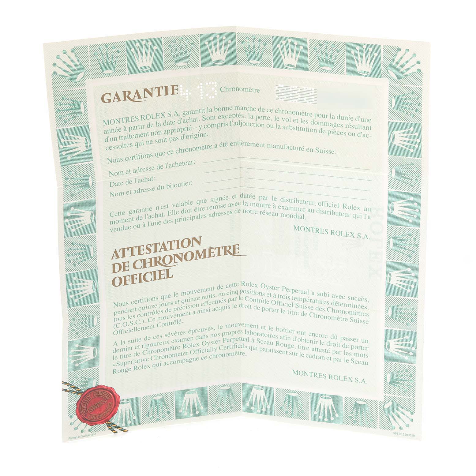 This image shows the warranty certificate and official chronometer certification for the Rolex Datejust 69173 Women
s Steel and Gold (two tone) Champagne Dial 69173 Women
s Steel and Gold (two tone) Champagne Dial model.