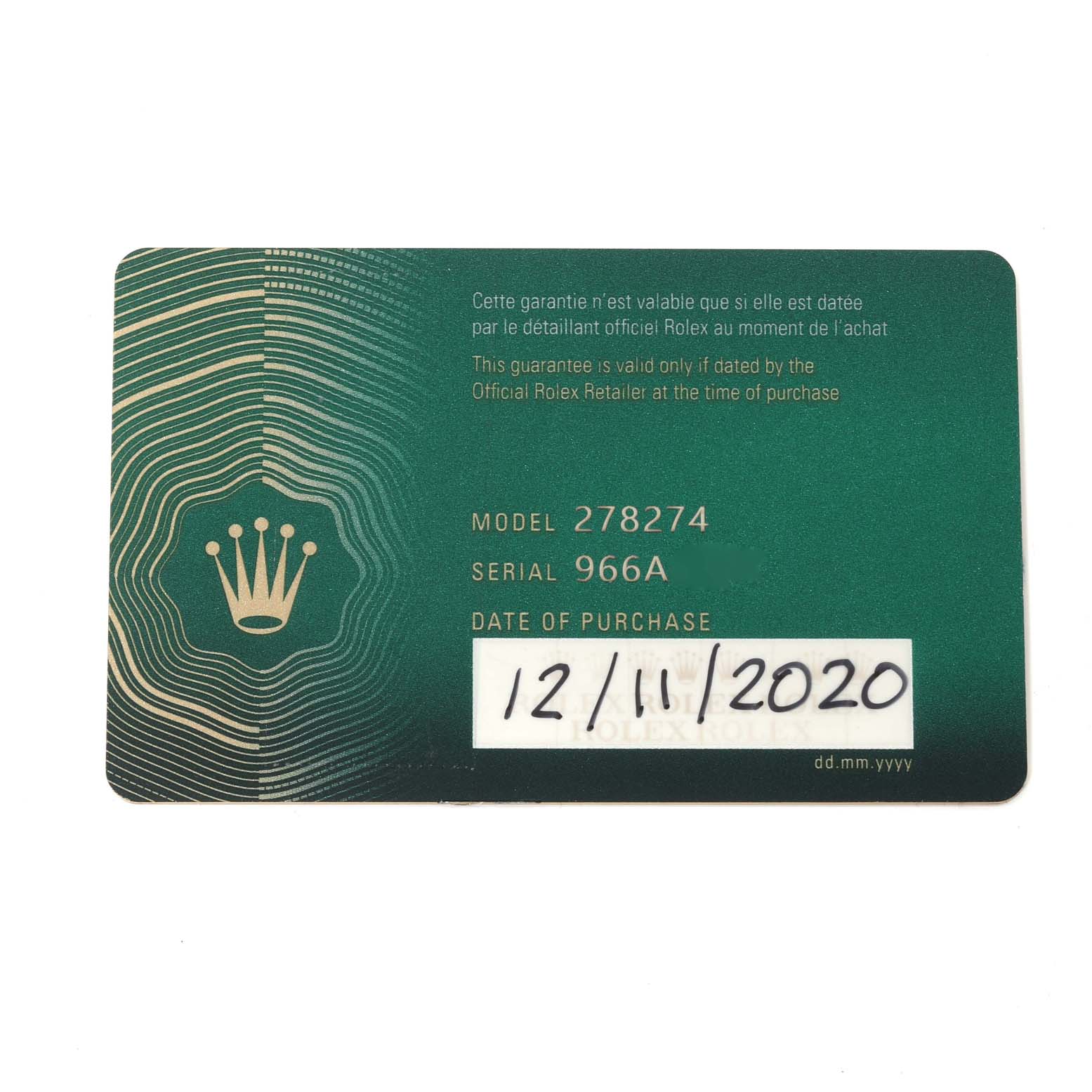This image shows a Rolex warranty card for a Mid-Size model 278274 watch with a purchase date of 12/11/2020.