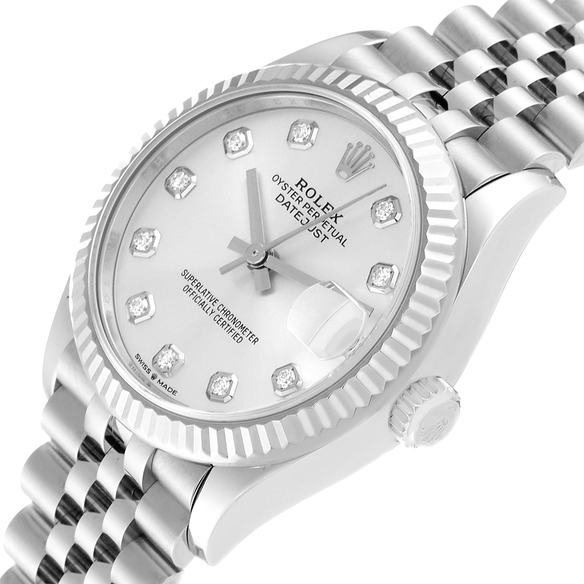 This image shows a close-up angle of the Rolex Mid-Size 278274 Women
s Stainless Steel Silver Dial 278274 Women
s Stainless Steel Silver Dial Oyster Perpetual Datejust watch, displaying the dial, bezel, and part of the bracelet.