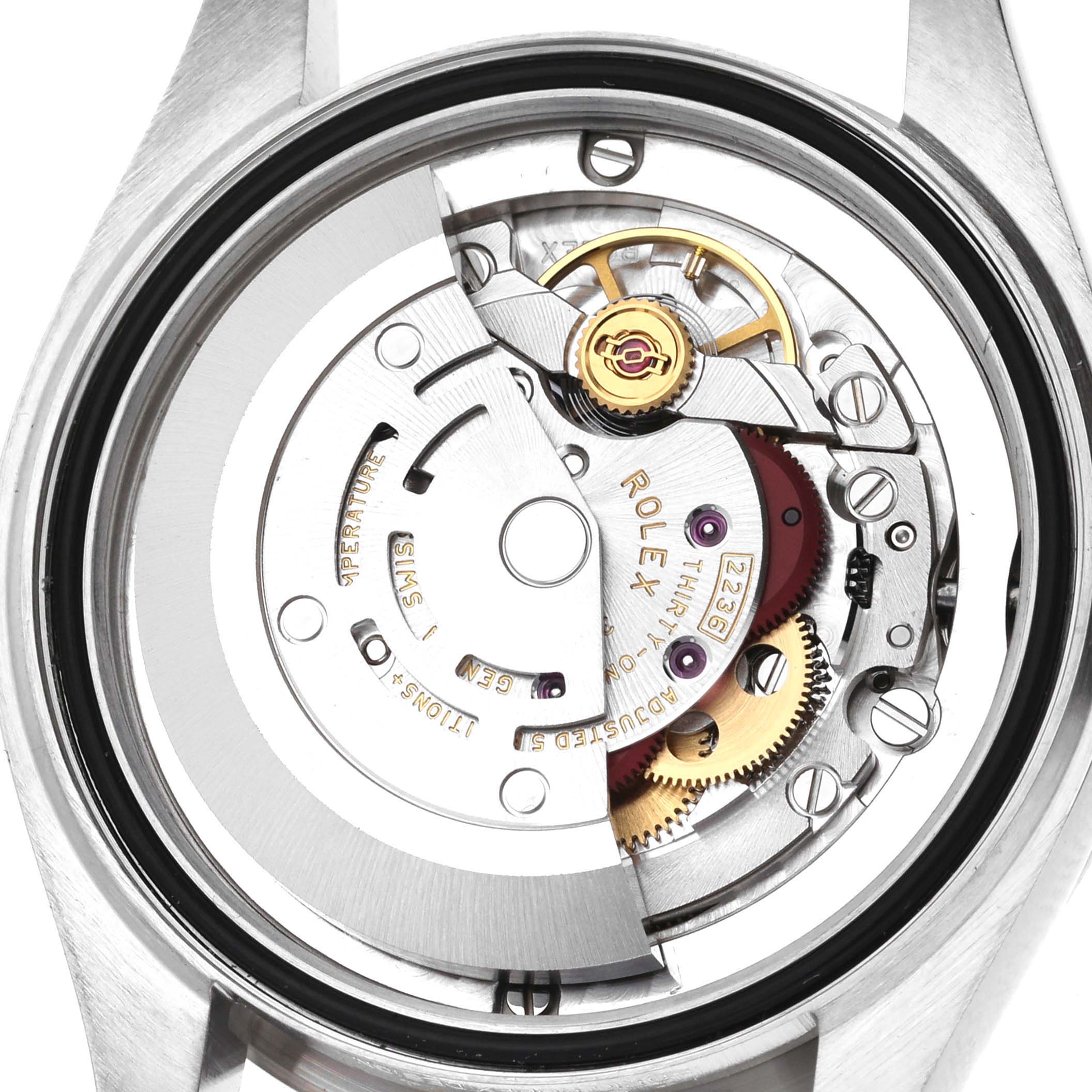 This image shows the internal mechanism of a Rolex Mid-Size 278274 Women
s Stainless Steel Silver Dial 278274 Women
s Stainless Steel Silver Dial watch from a back angle.