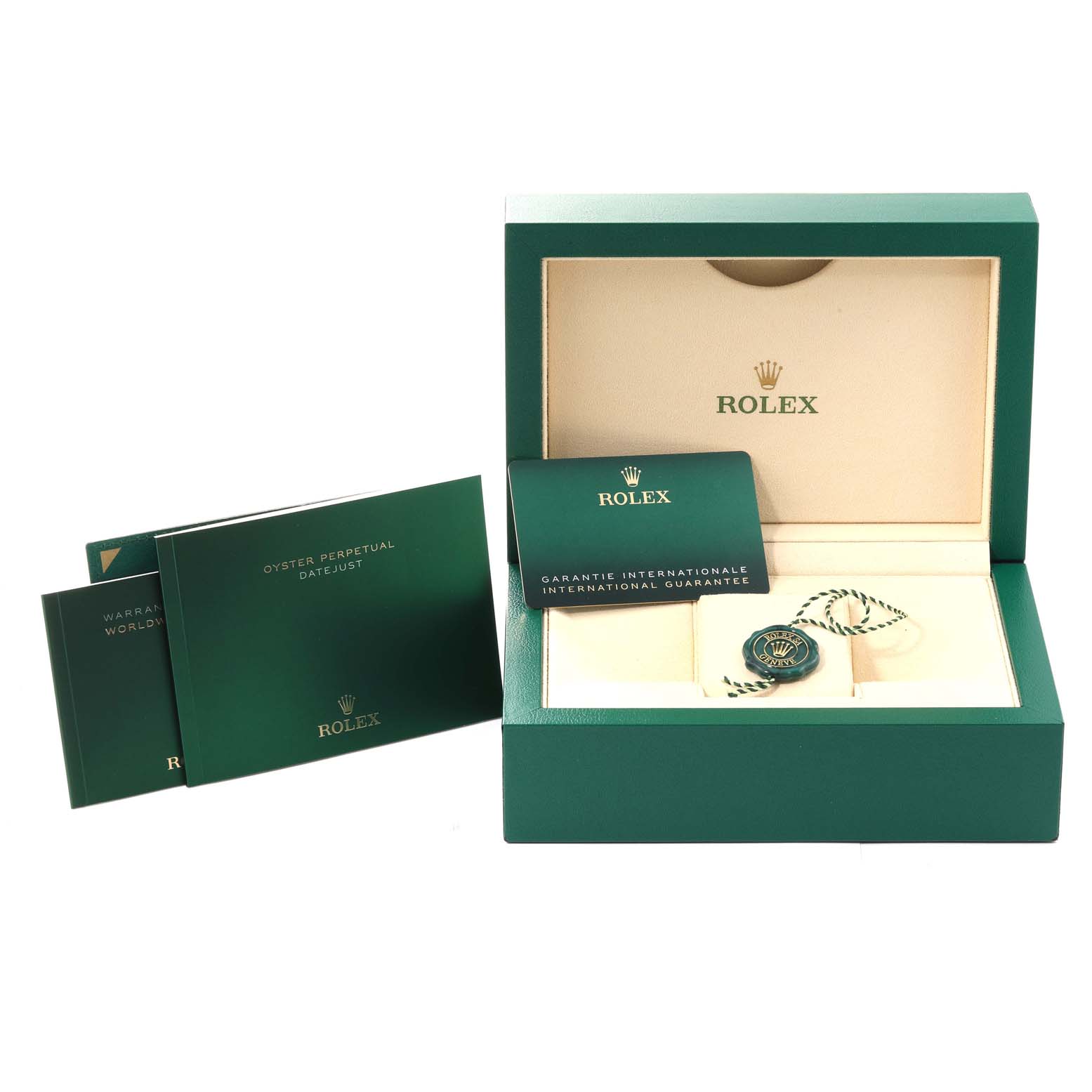 The image shows a Rolex Mid-Size 278274 Women
s Stainless Steel Silver Dial 278274 Women
s Stainless Steel Silver Dial watch box, international guarantee card, tags, and booklets at a frontal angle.