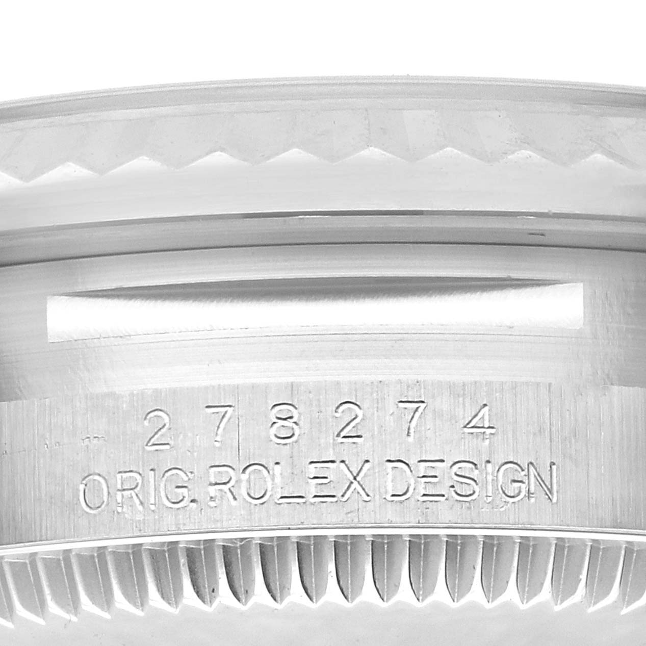 This is a close-up view of the bezel and casing of a Rolex Mid-Size 278274 Women
s Stainless Steel Silver Dial 278274 Women
s Stainless Steel Silver Dial model, showing the reference number and "ORIG. ROLEX DESIGN."