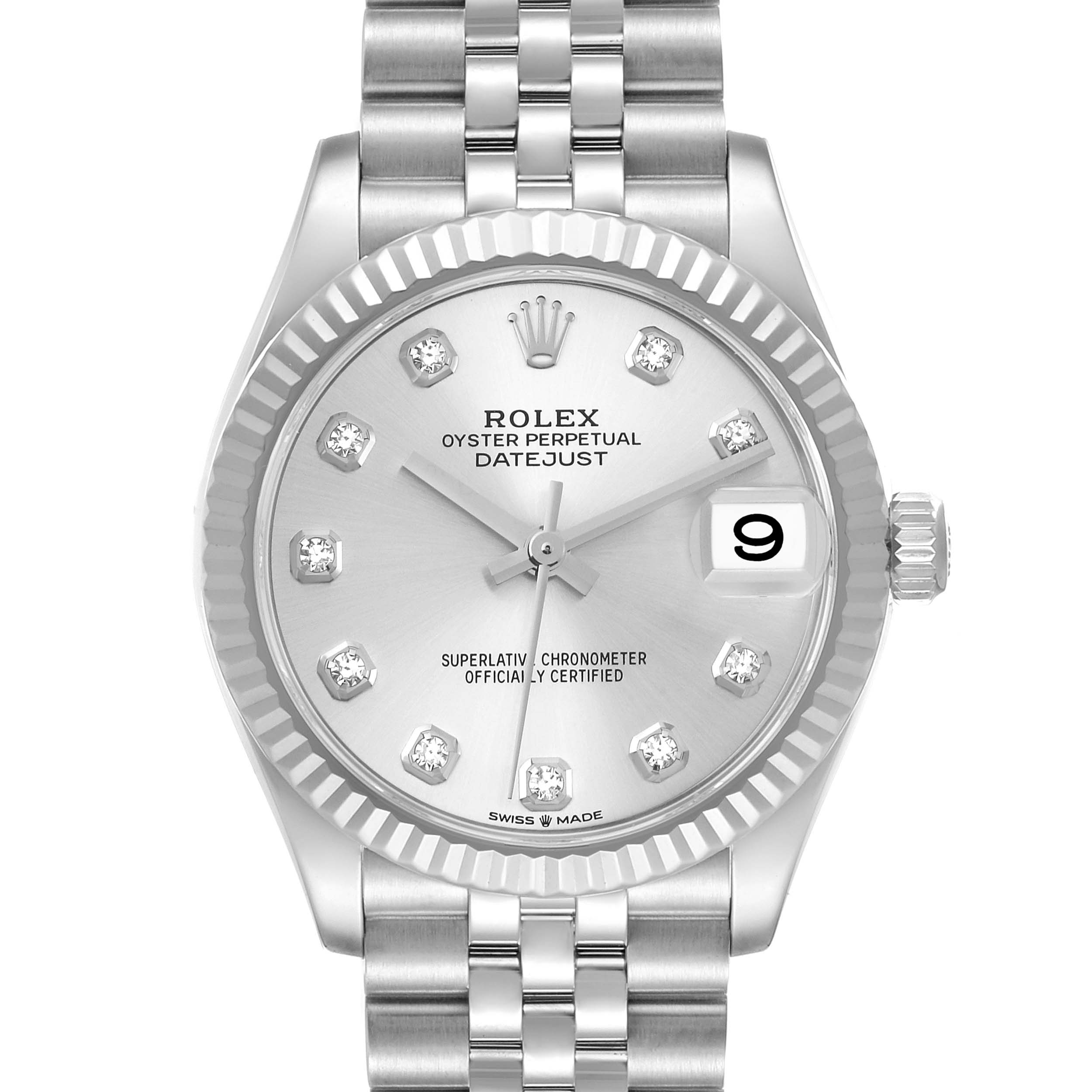 This image shows a front view of a Rolex Mid-Size 278274 Women
s Stainless Steel Silver Dial 278274 Women
s Stainless Steel Silver Dial Datejust watch, displaying its dial, hands, date window, and bracelet.