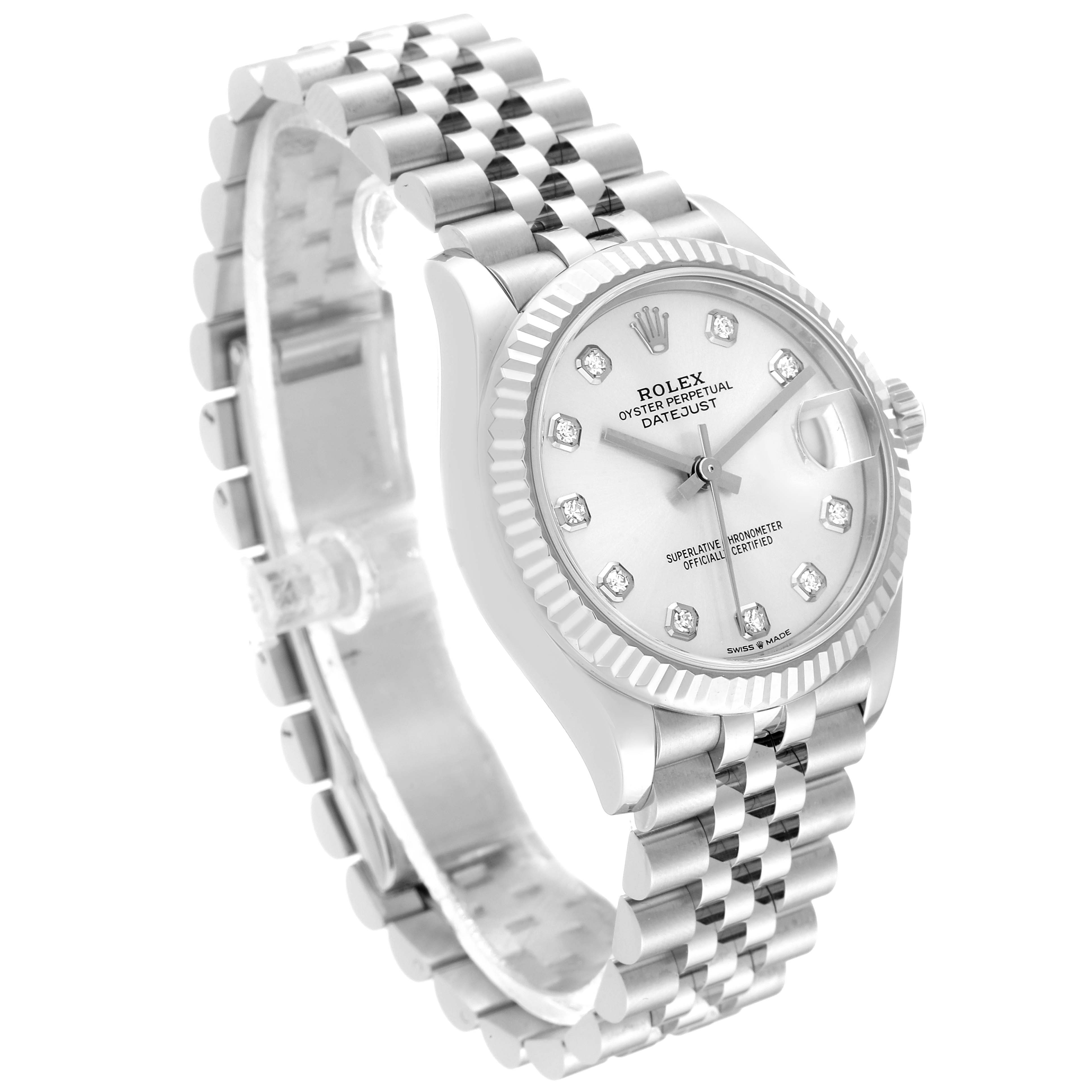 This image shows a Rolex Mid-Size 278274 Women
s Stainless Steel Silver Dial 278274 Women
s Stainless Steel Silver Dial Datejust watch from an angled view, highlighting the bracelet, dial, and bezel.