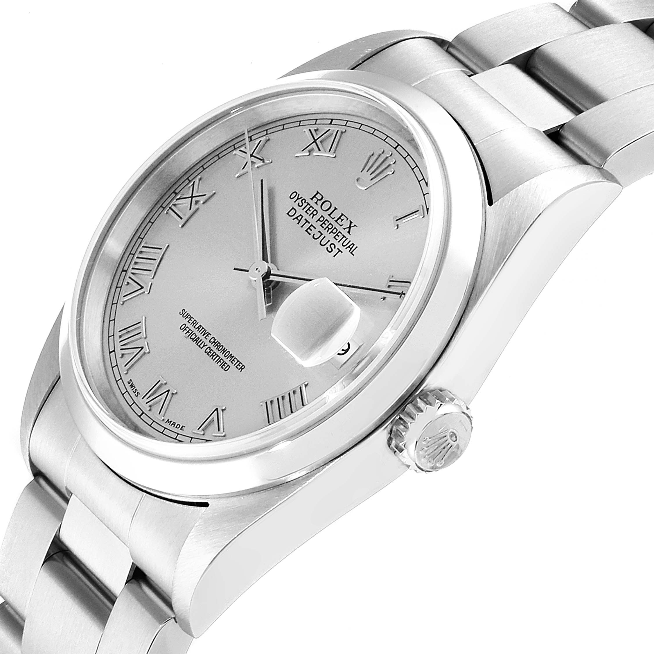 This image shows a side angle of the Rolex Datejust 16200 Men
s Stainless Steel Grey Dial 16200 Men
s Stainless Steel Grey Dial watch, highlighting the dial, crown, and a portion of the bracelet.