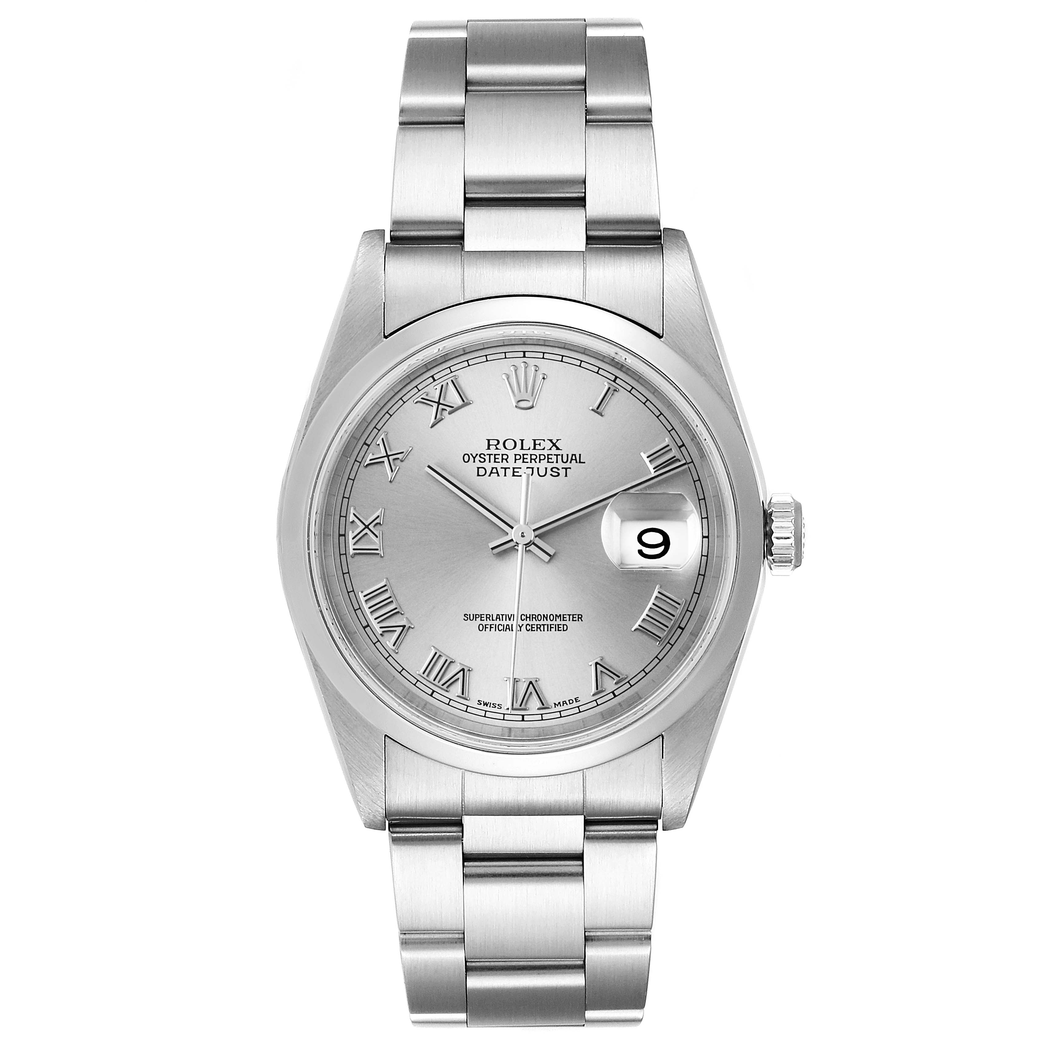 This image shows the front view of a Rolex Datejust 16200 Men
s Stainless Steel Grey Dial 16200 Men
s Stainless Steel Grey Dial watch, displaying the dial, bracelet, and crown.