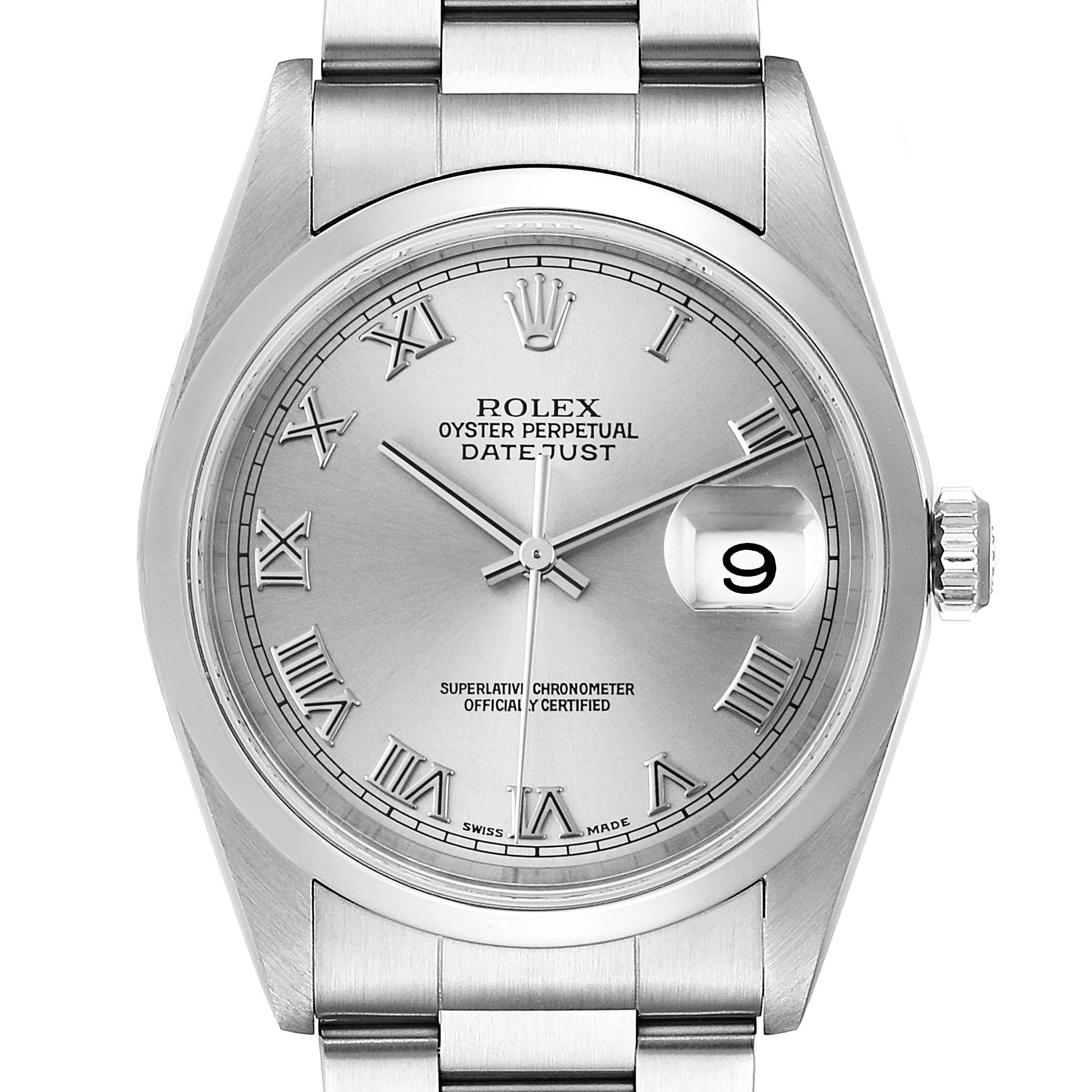This Rolex Datejust 16200 Men
s Stainless Steel Grey Dial 16200 Men
s Stainless Steel Grey Dial watch is shown from a front angle, displaying the dial, date window, hands, and part of the bracelet.