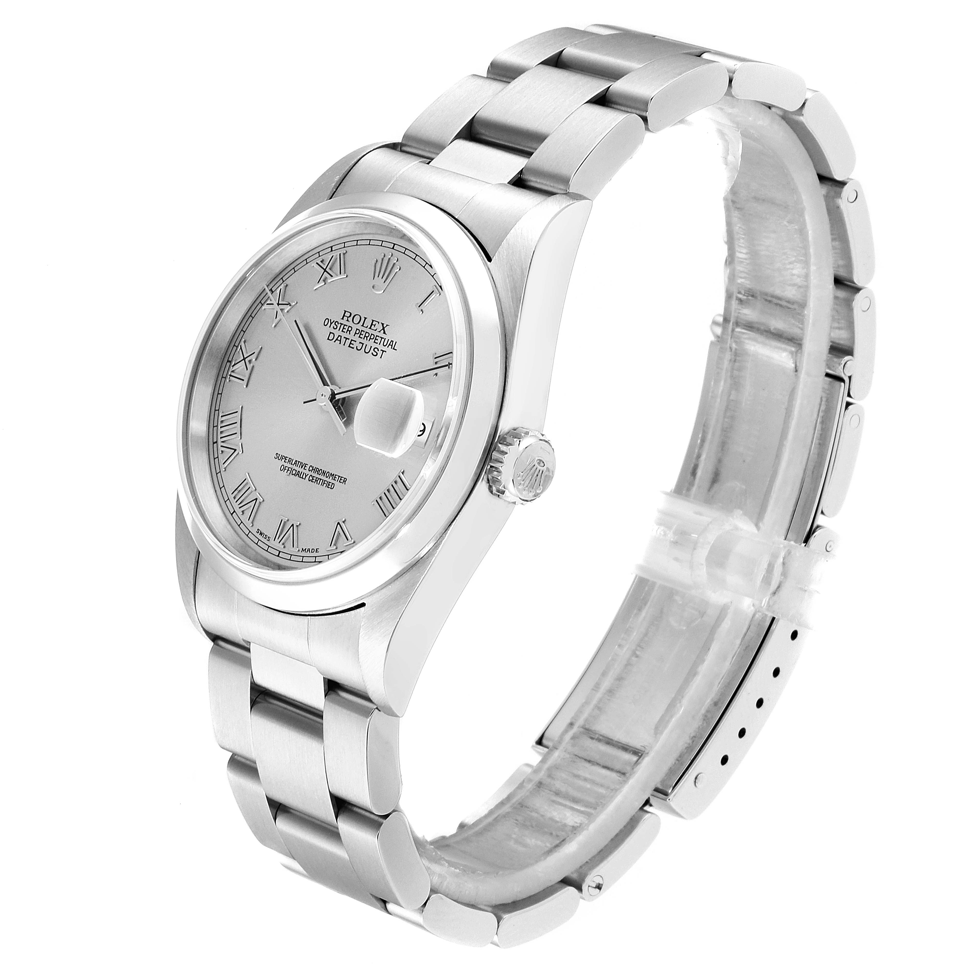 The Rolex Datejust 16200 Men
s Stainless Steel Grey Dial 16200 Men
s Stainless Steel Grey Dial watch is shown at a 3/4 angle, highlighting the bracelet, bezel, case, dial, and crown.