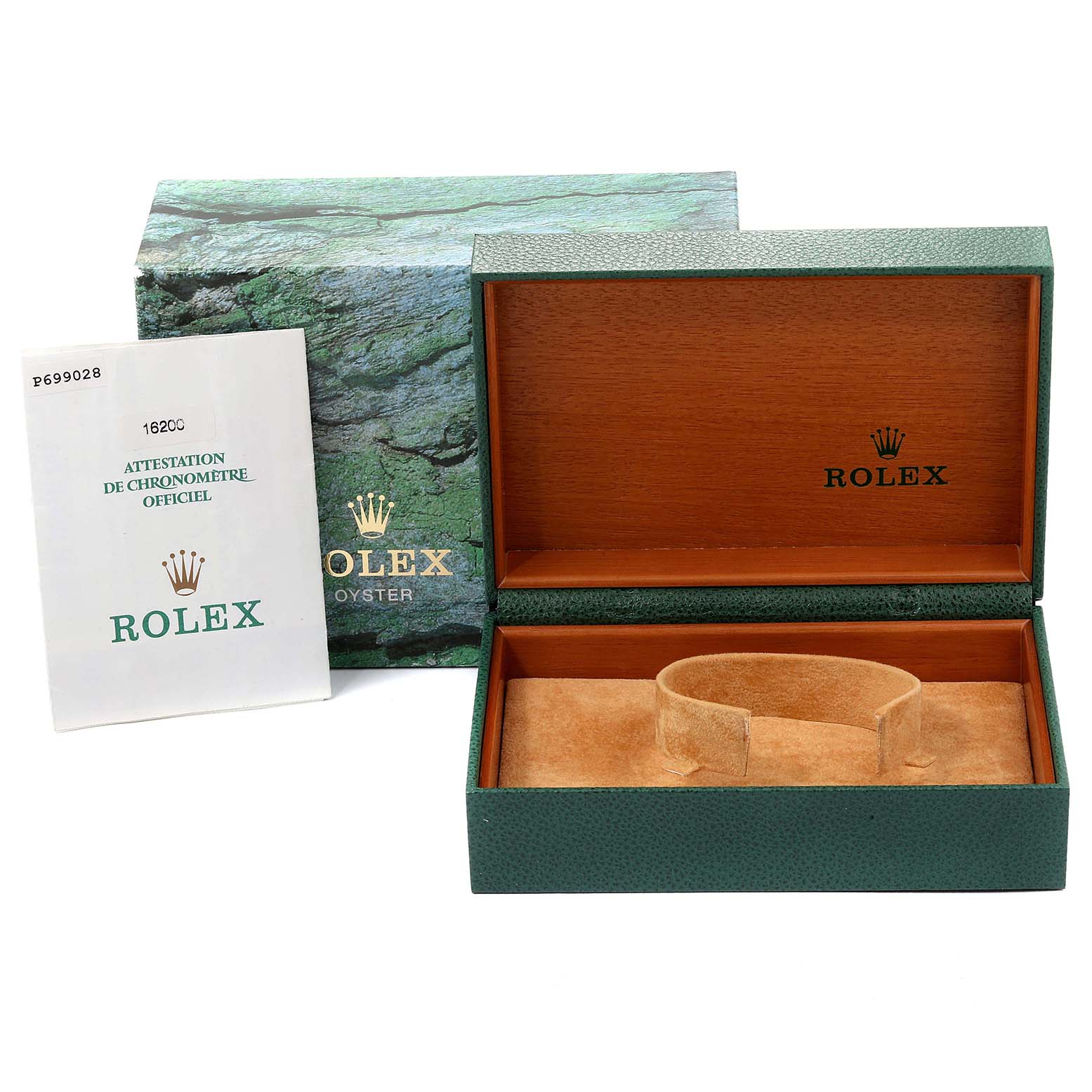 The image shows a Rolex Datejust 16200 Men
s Stainless Steel Grey Dial 16200 Men
s Stainless Steel Grey Dial watch box, warranty card, and document, viewed from the front.