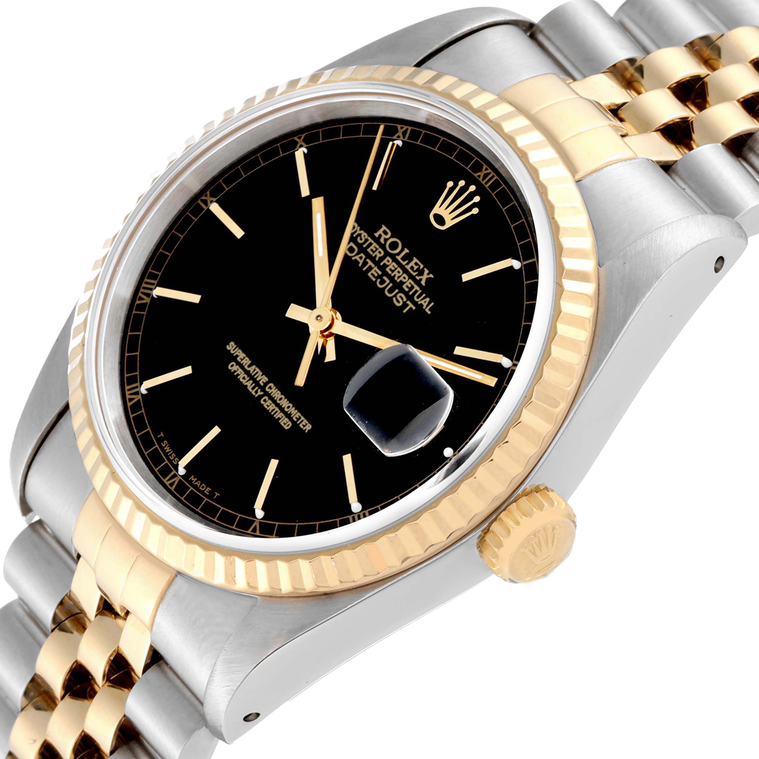 The Rolex Datejust 16233 Men's Steel and Gold (two tone) Black Dial 16233 Men's Steel and Gold (two tone) Black Dial watch is shown at an angle highlighting the black dial, fluted bezel, gold crown, and part of the jubilee bracelet.