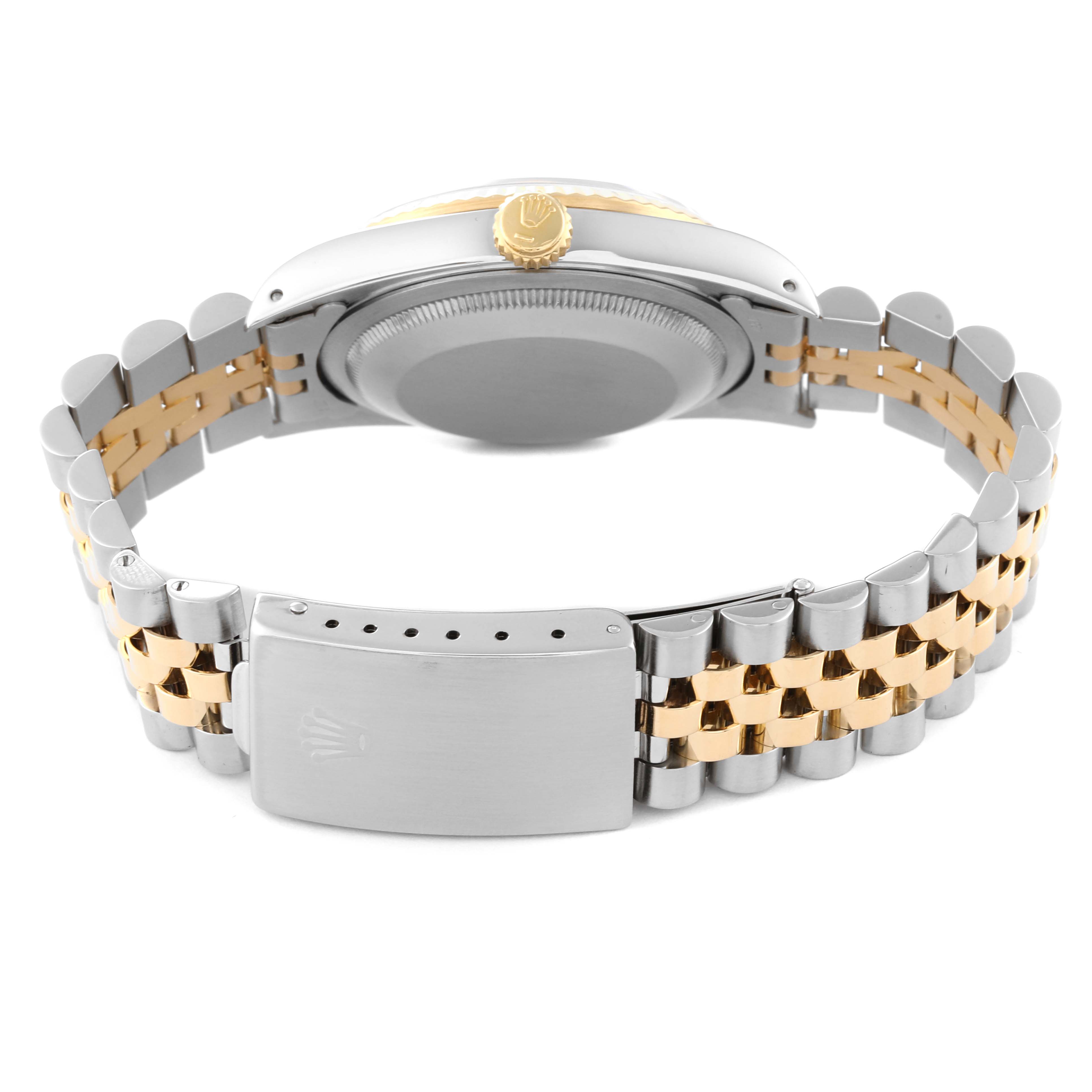 This image shows the backside and clasp of the Rolex Datejust 16233 Men's Steel and Gold (two tone) Black Dial 16233 Men's Steel and Gold (two tone) Black Dial watch, highlighting the gold and silver bracelet and the crown.