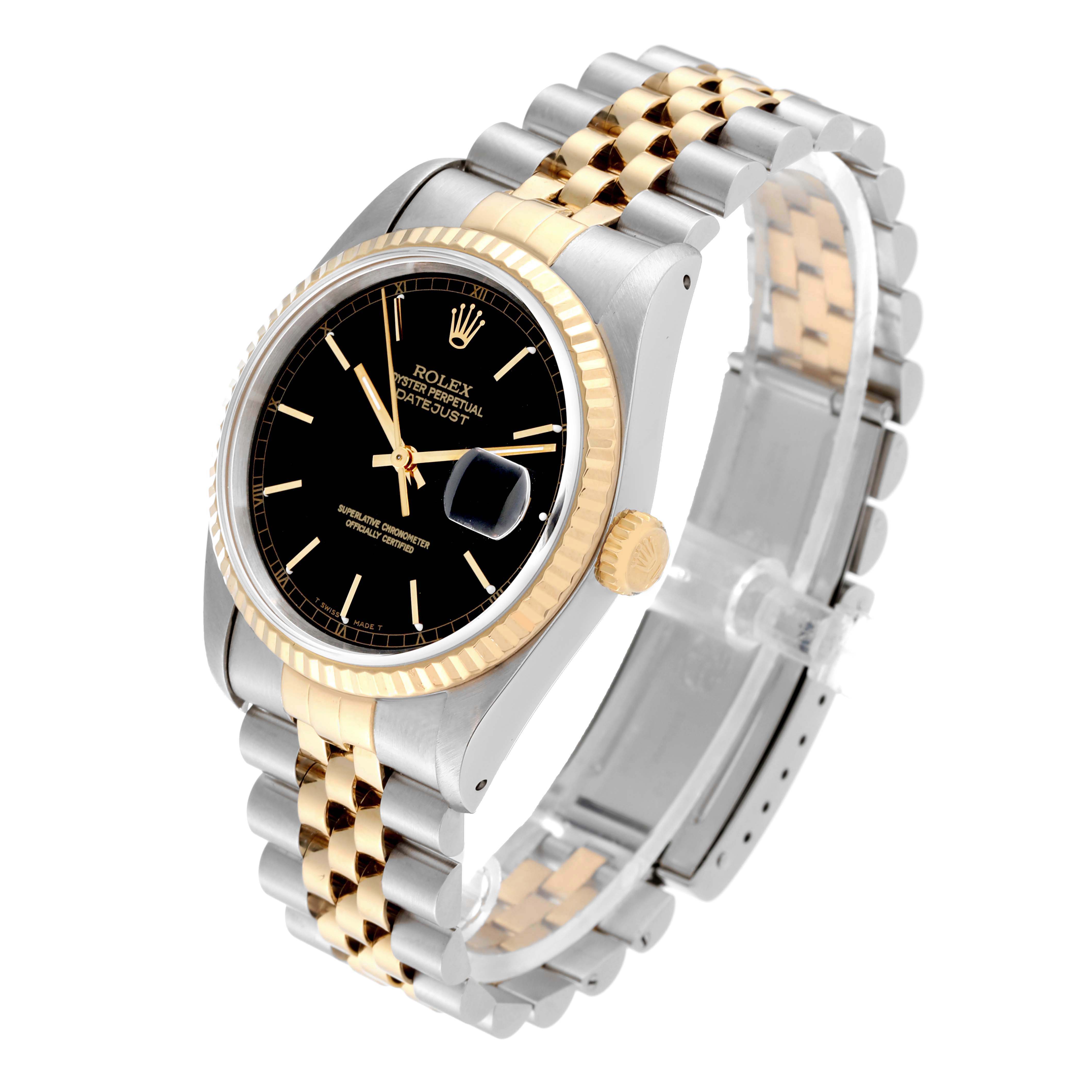 The image shows a Rolex Datejust 16233 Men's Steel and Gold (two tone) Black Dial 16233 Men's Steel and Gold (two tone) Black Dial watch at a slight angle, highlighting the dial, bezel, crown, and two-tone bracelet.