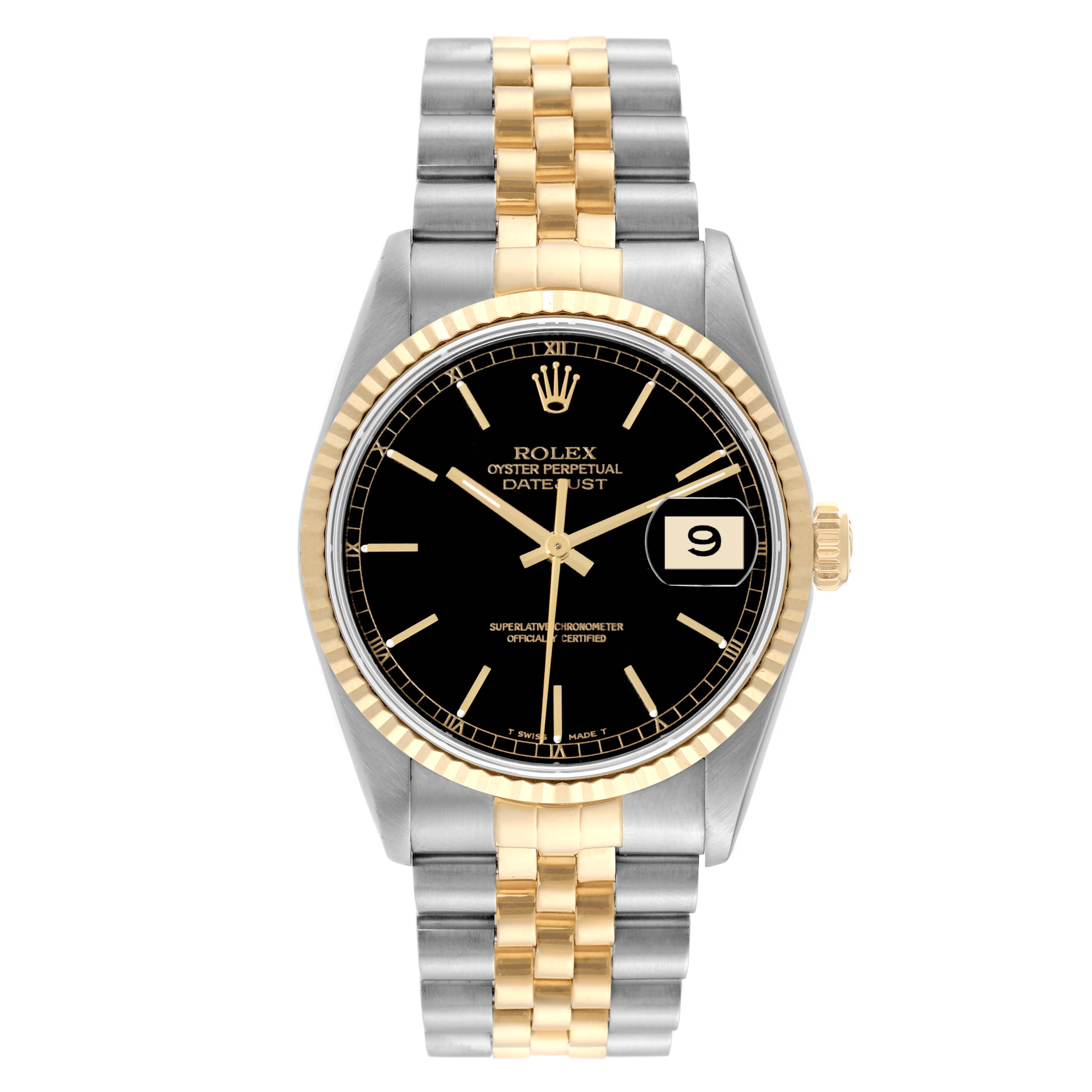 The image shows a front view of a Rolex Datejust 16233 Men's Steel and Gold (two tone) Black Dial 16233 Men's Steel and Gold (two tone) Black Dial watch with a black dial, gold fluted bezel, and two-tone bracelet.