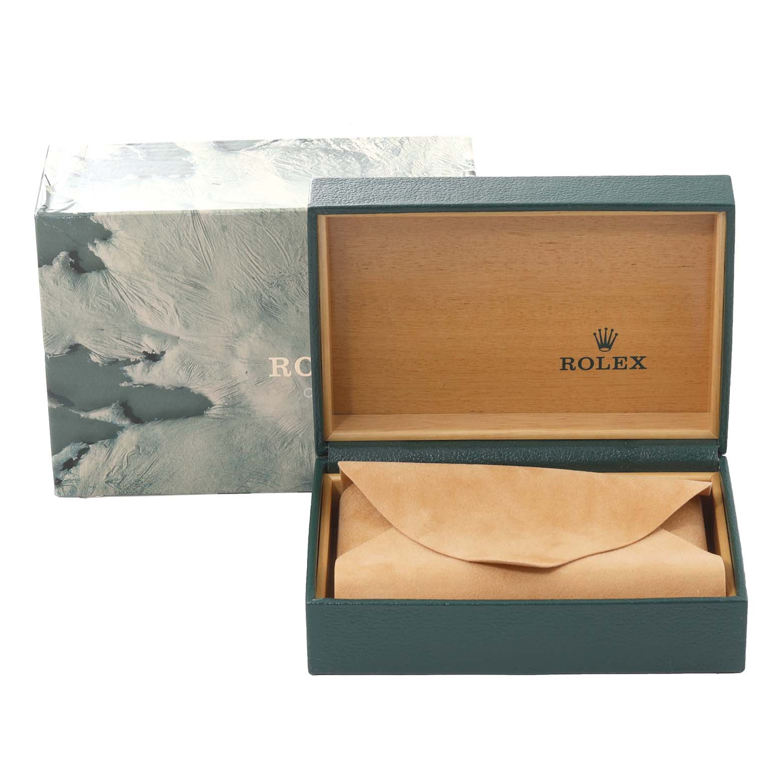 This image shows an open green Rolex Datejust 16233 Men's Steel and Gold (two tone) Black Dial 16233 Men's Steel and Gold (two tone) Black Dial watch box with a brown suede cushion inside, and the outer packaging box in the background.