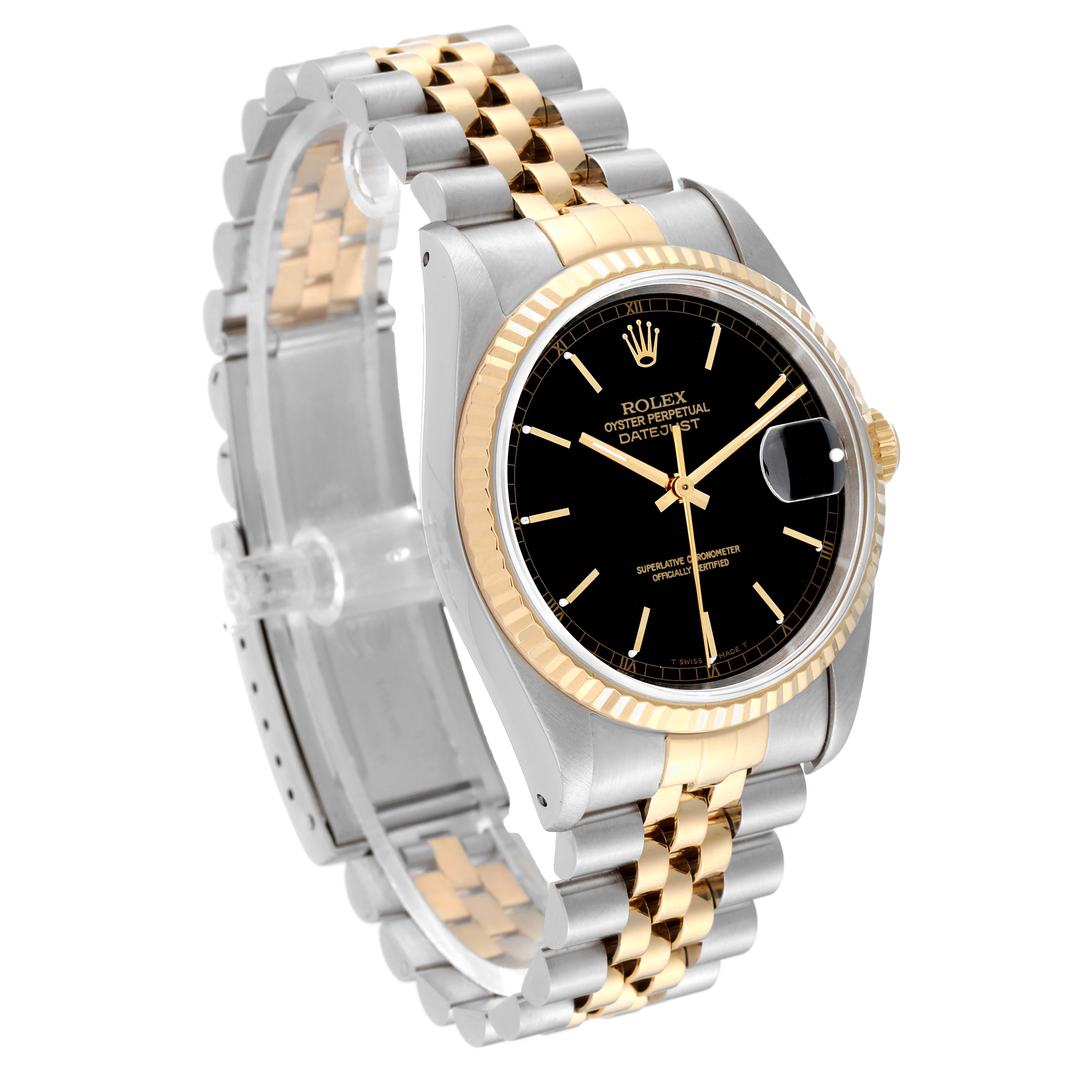 This image shows a Rolex Datejust 16233 Men's Steel and Gold (two tone) Black Dial 16233 Men's Steel and Gold (two tone) Black Dial watch at a slight side angle, highlighting its black dial, gold fluted bezel, and two-tone bracelet.