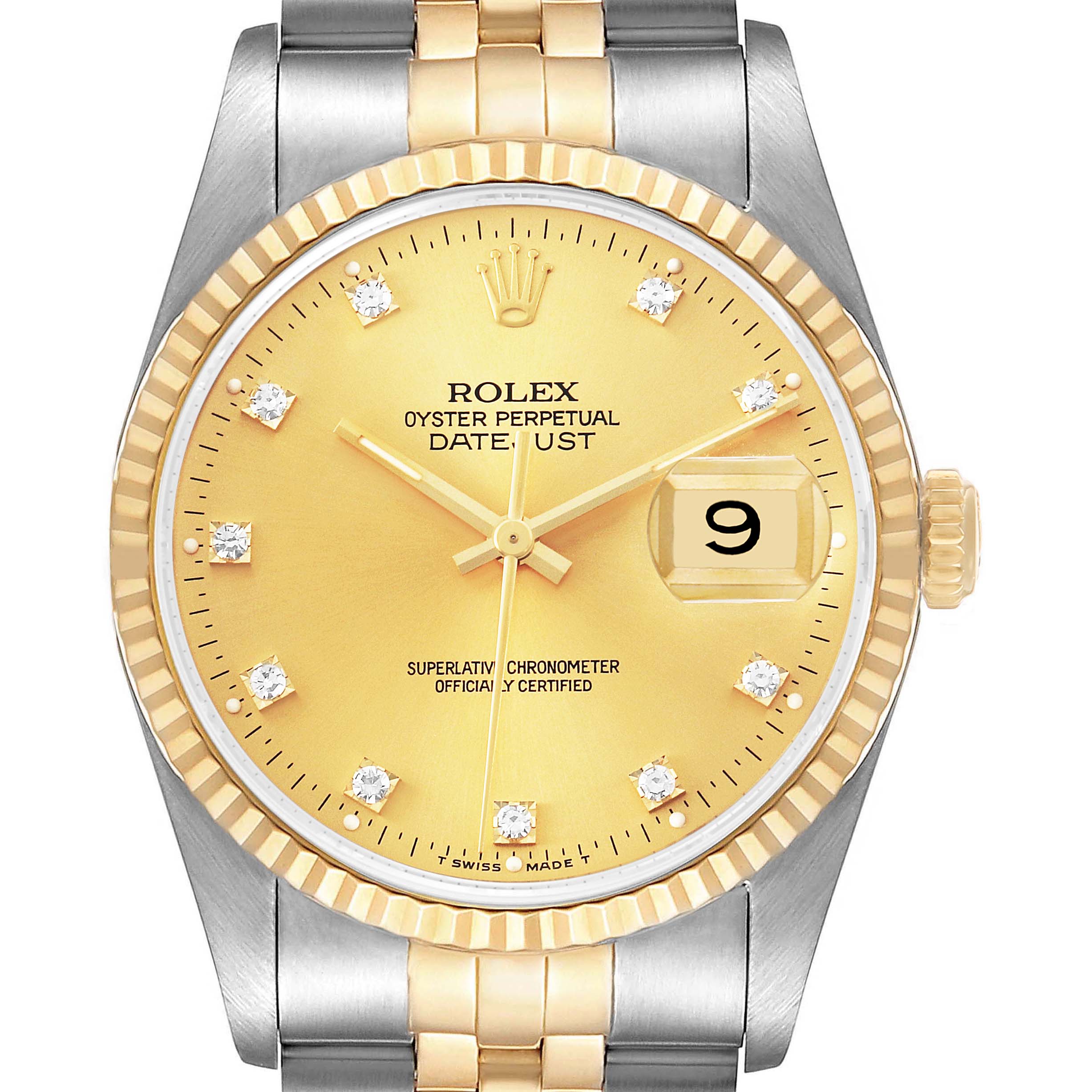 The Rolex Datejust 16233 Men's Steel and Gold (two tone) Champagne Dial watch is shown from a front angle, highlighting the dial, bezel, crown, and part of the bracelet.