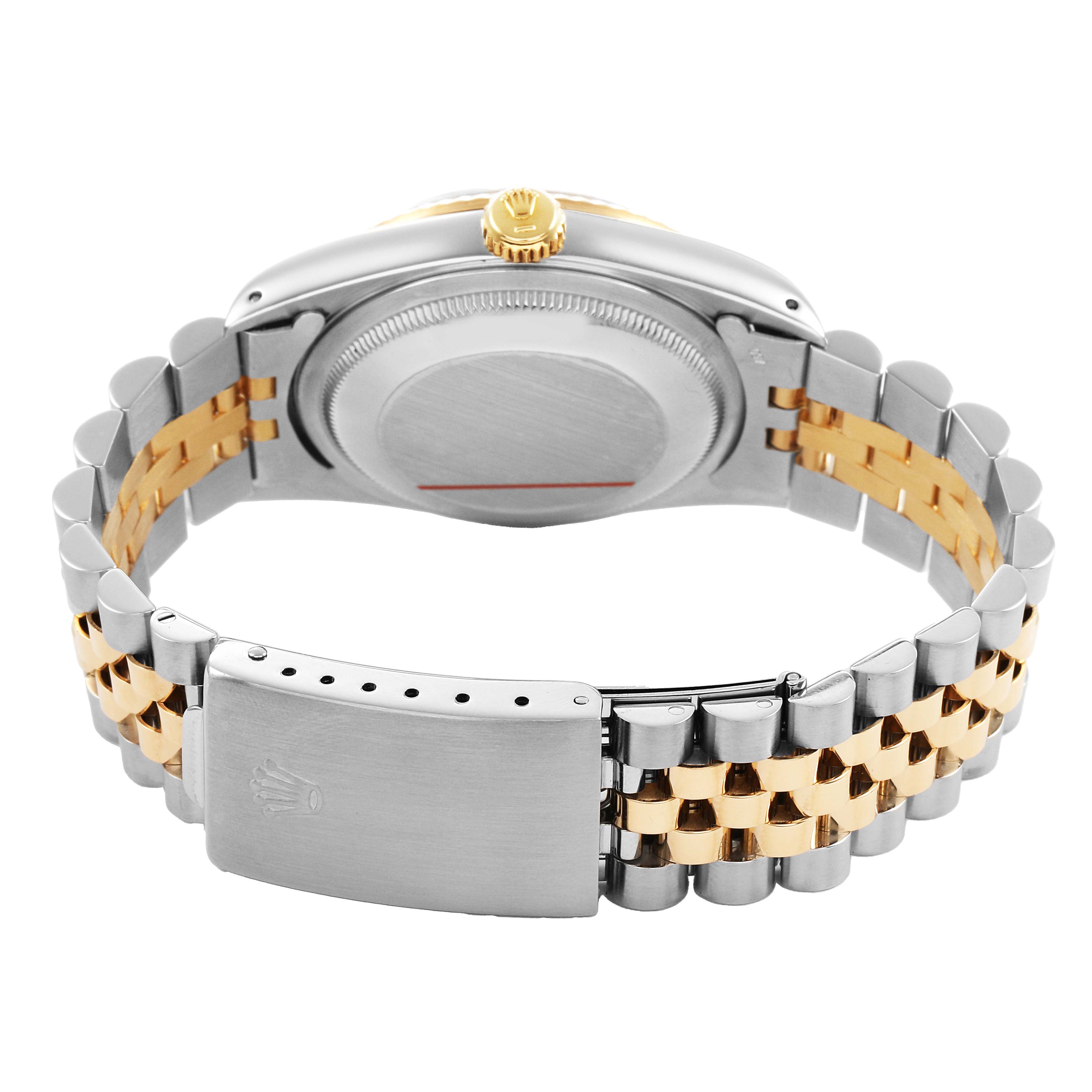 The image shows the back and clasp of a Rolex Datejust 16233 Men's Steel and Gold (two tone) Champagne Dial, featuring a silver and gold jubilee bracelet.