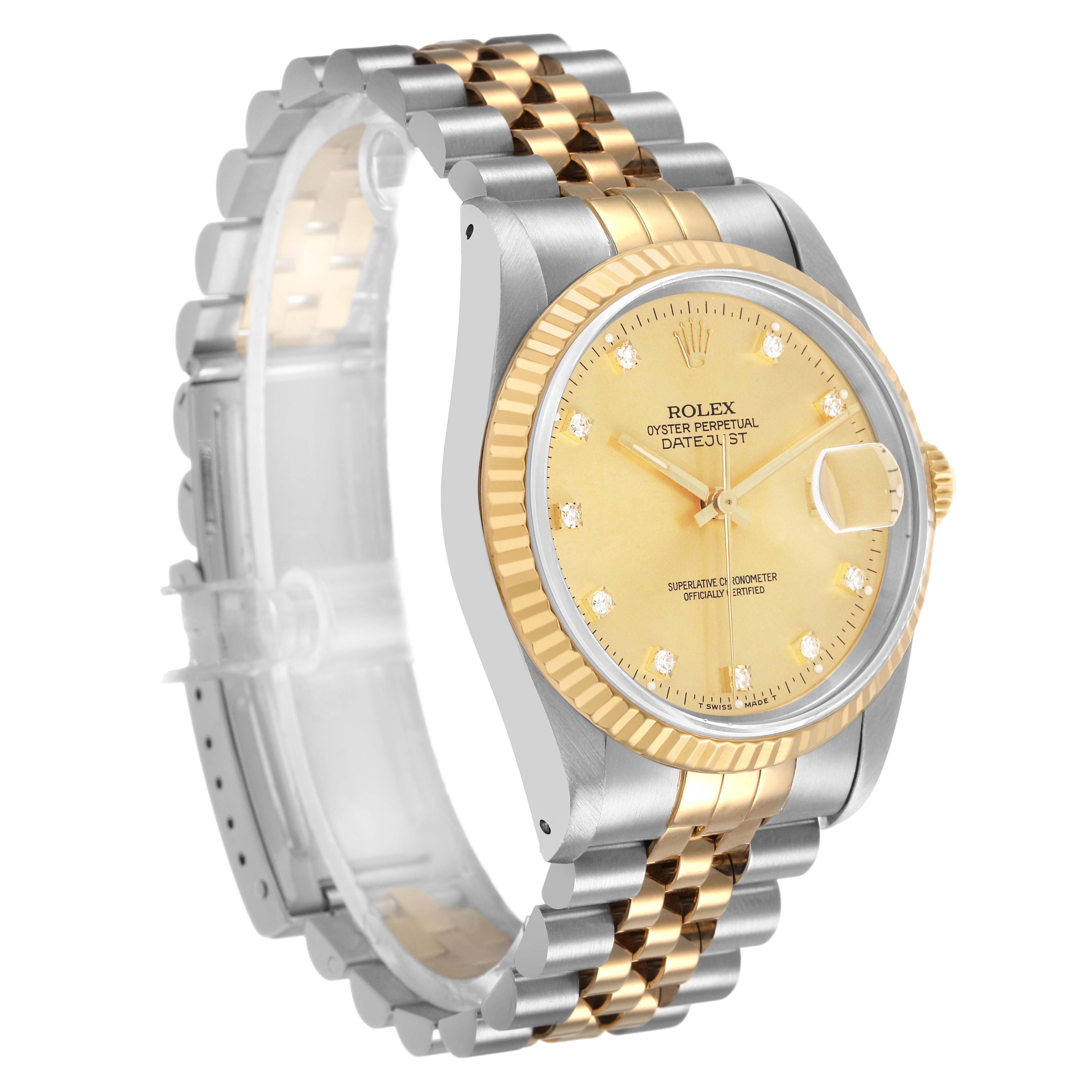 The Rolex Datejust 16233 Men's Steel and Gold (two tone) Champagne Dial watch is shown at a three-quarter angle, highlighting the dial, bezel, and two-tone bracelet.