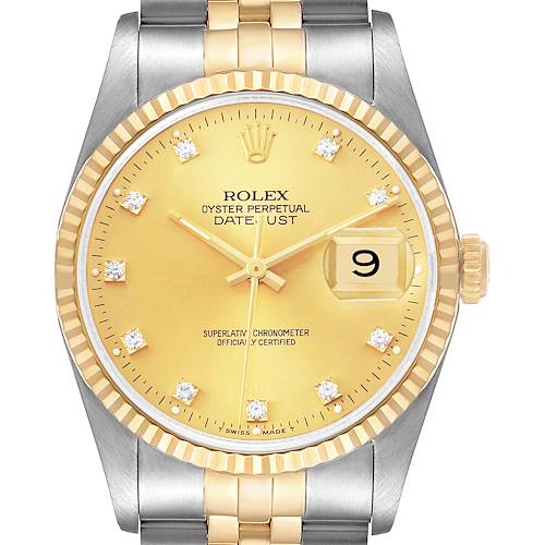 The Rolex Datejust 16233 Men's Steel and Gold (two tone) Champagne Dial watch is shown from the front, highlighting its dial, bezel, crown, and part of the bracelet.
