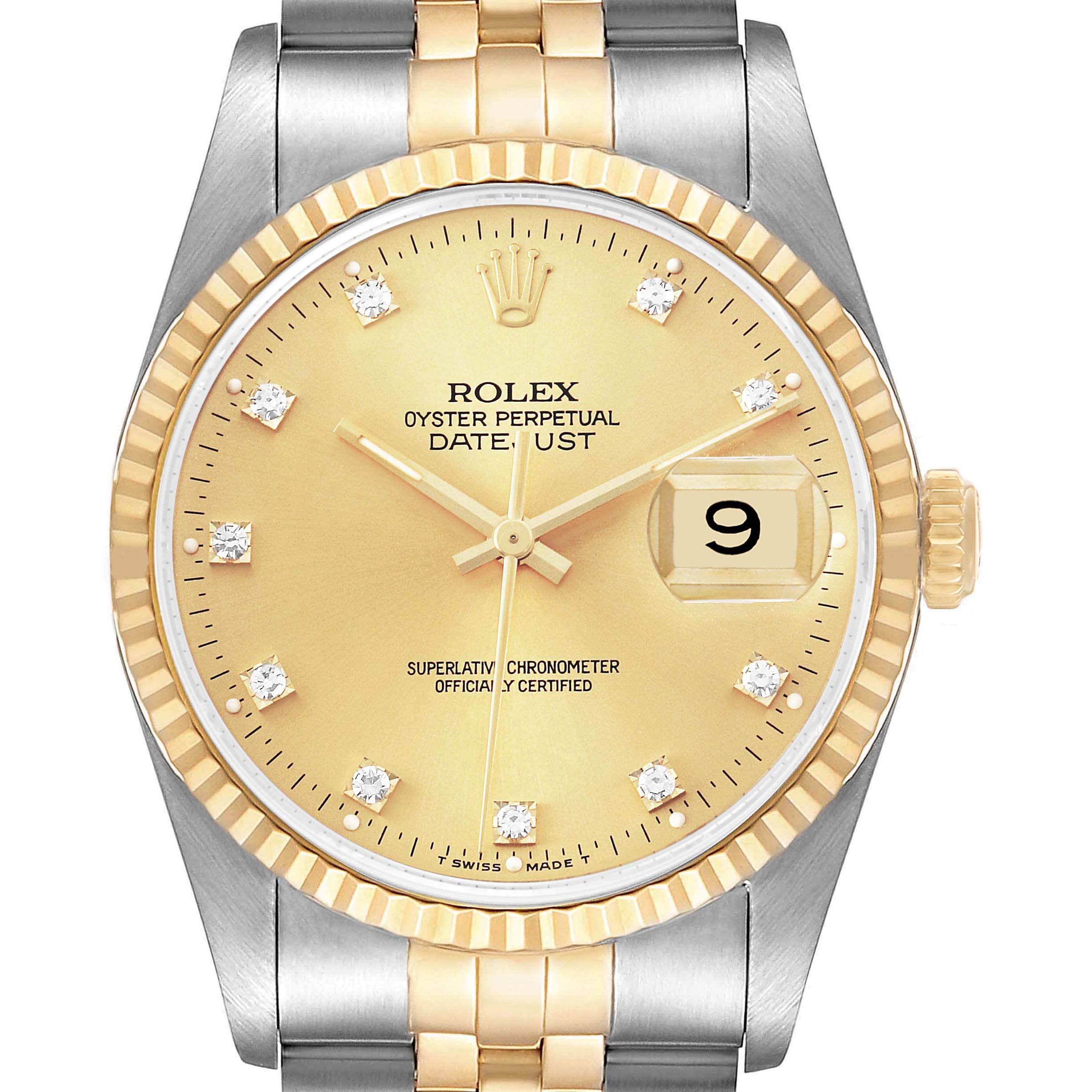 The Rolex Datejust 16233 Men's Steel and Gold (two tone) Champagne Dial watch is shown from the front, highlighting the dial, bezel, crown, and bracelet.