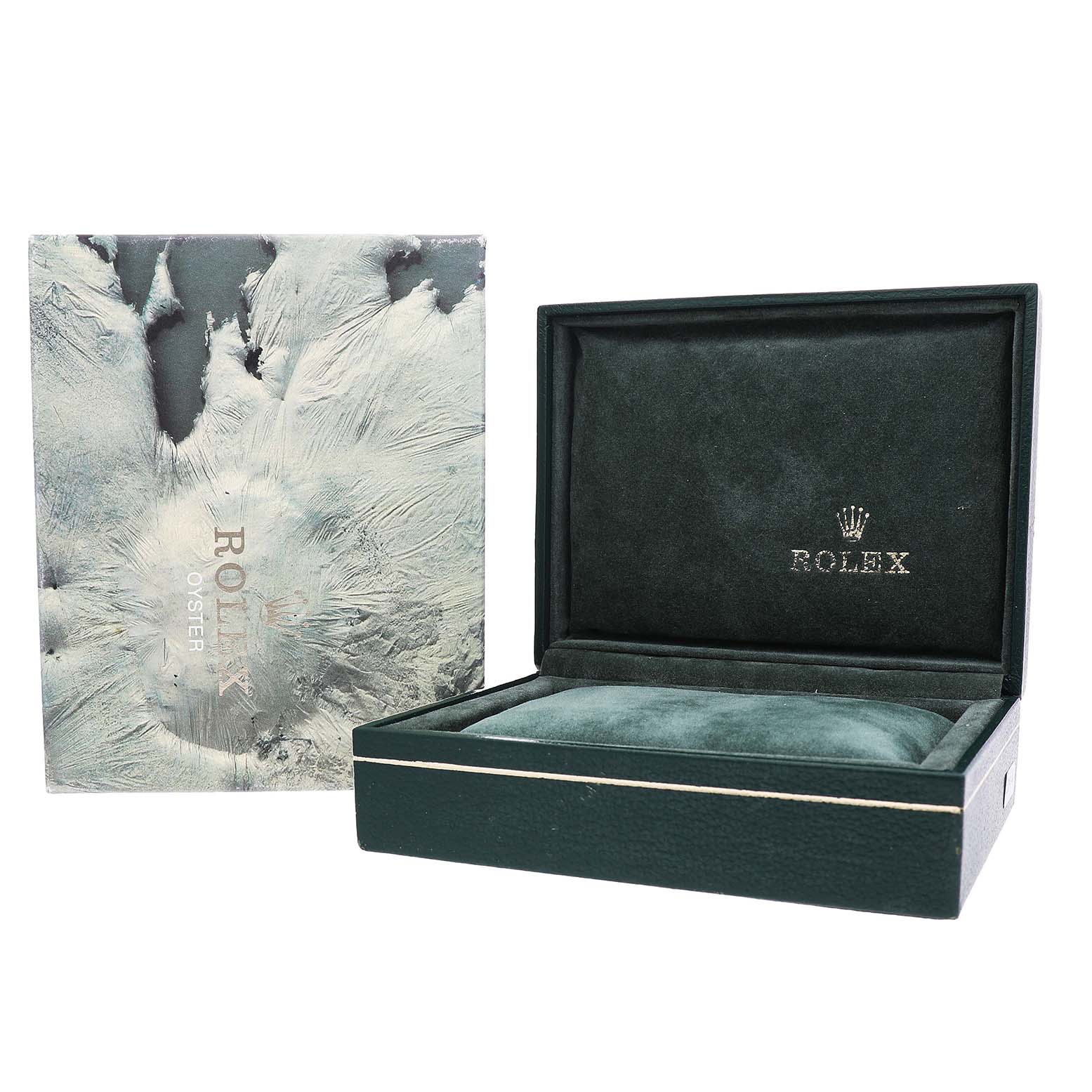 The image shows a Rolex Datejust 16233 Men's Steel and Gold (two tone) Champagne Dial box set with an open packaging box and a cushioned interior.