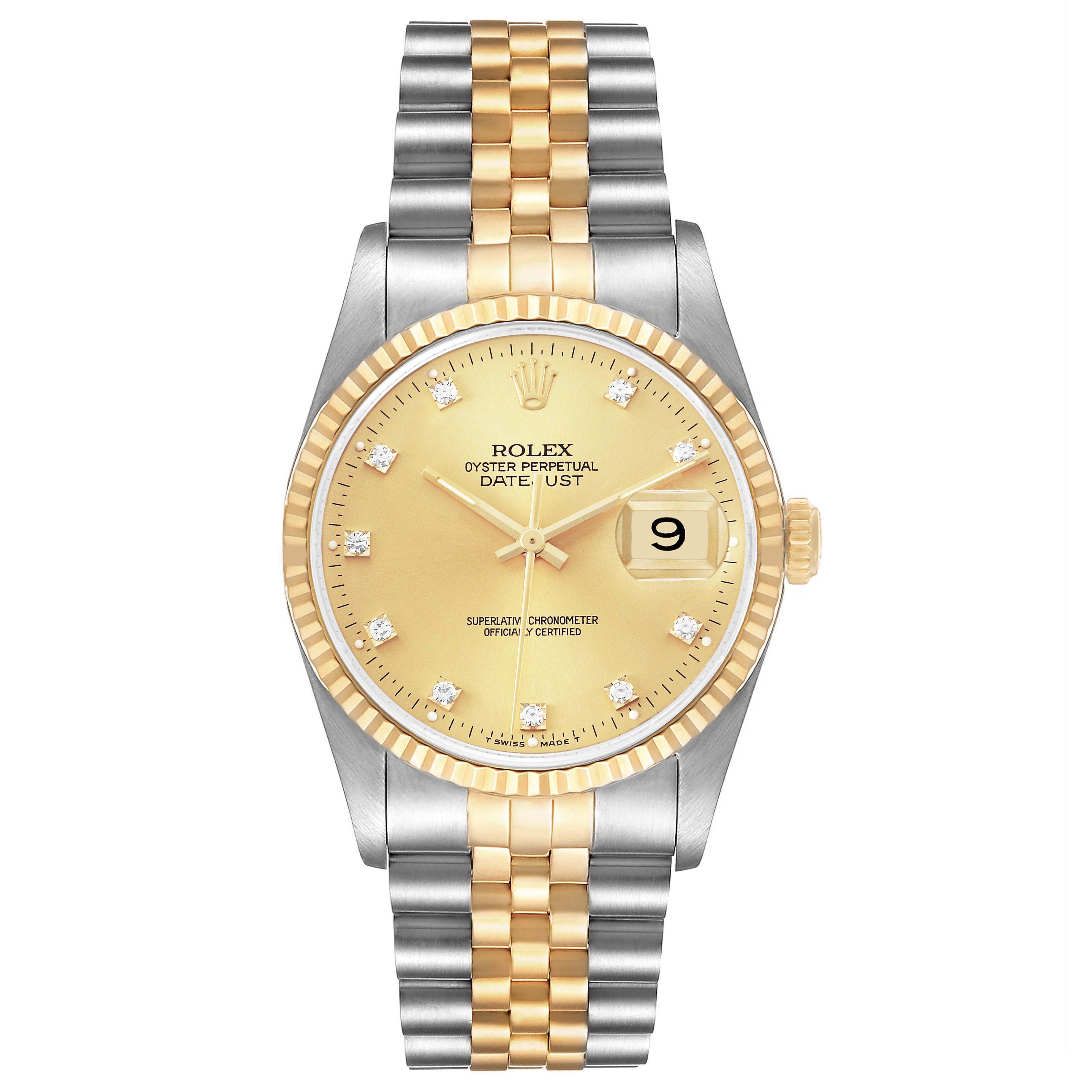 The Rolex Datejust 16233 Men's Steel and Gold (two tone) Champagne Dial watch is shown from a front angle, displaying its dial, bezel, crown, and bracelet.
