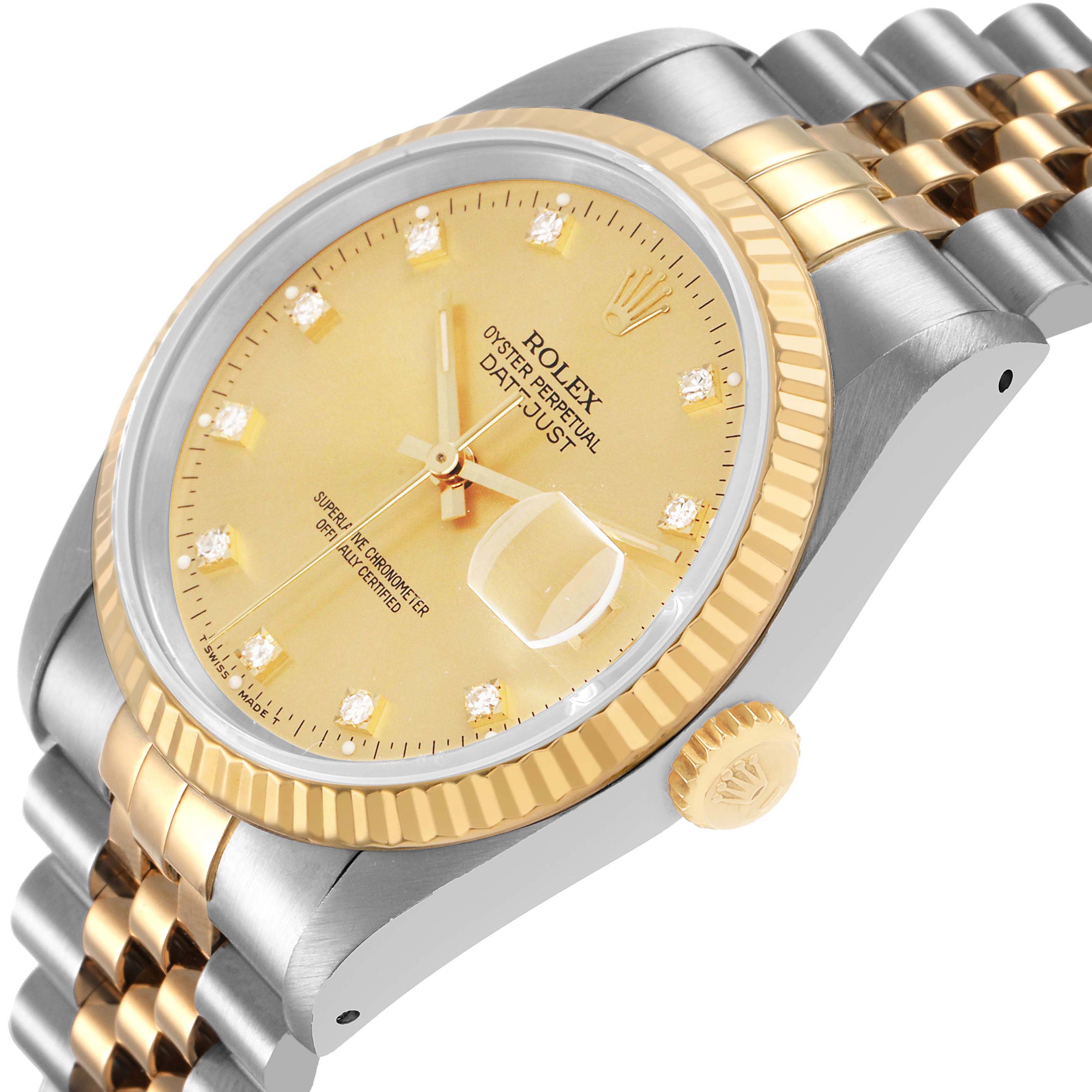 The Rolex Datejust 16233 Men's Steel and Gold (two tone) Champagne Dial watch is shown at an angled side view, highlighting the gold fluted bezel, jubilee bracelet, and cyclops lens.