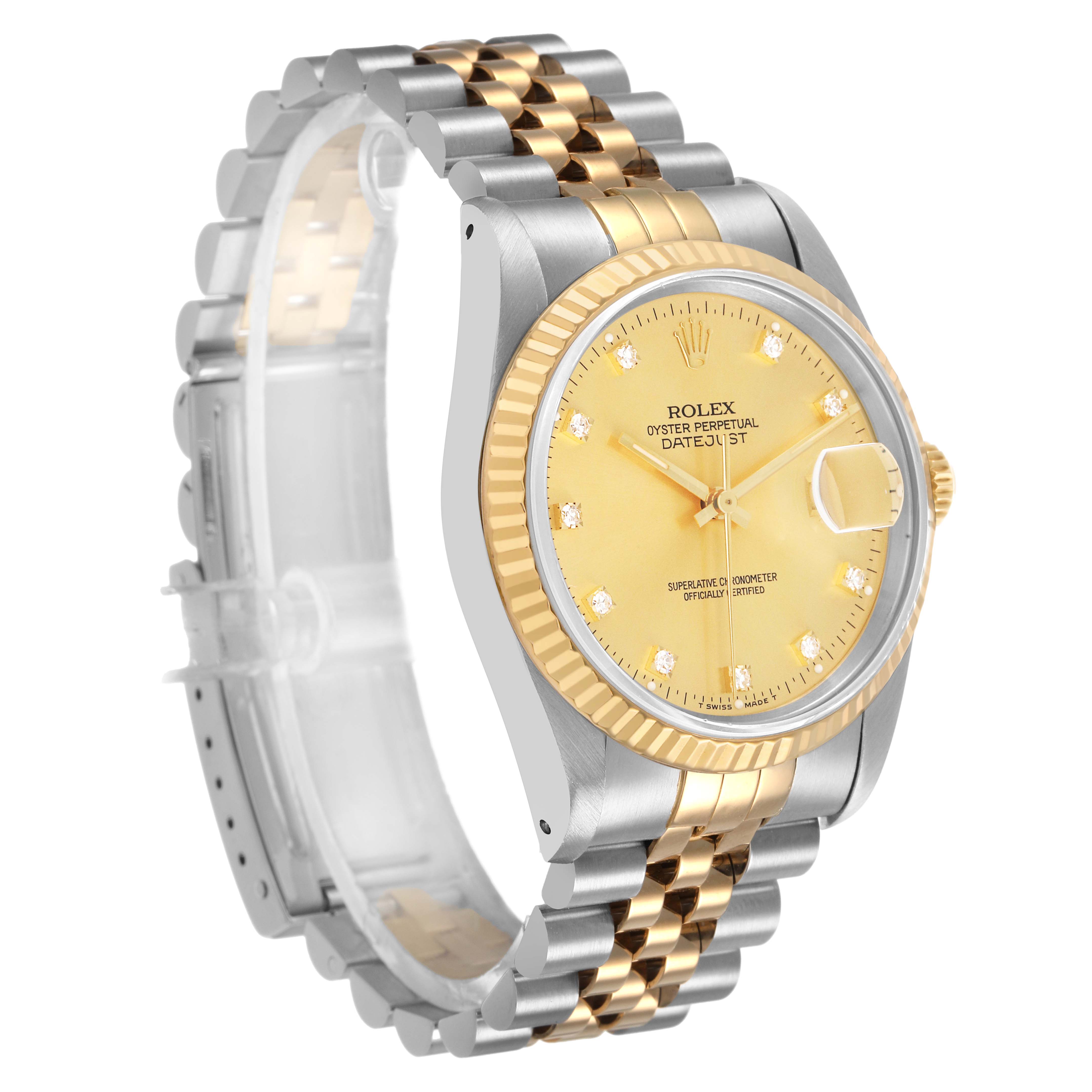 The Rolex Datejust 16233 Men's Steel and Gold (two tone) Champagne Dial is shown at a three-quarter angle, highlighting the bezel, dial, and Jubilee bracelet.