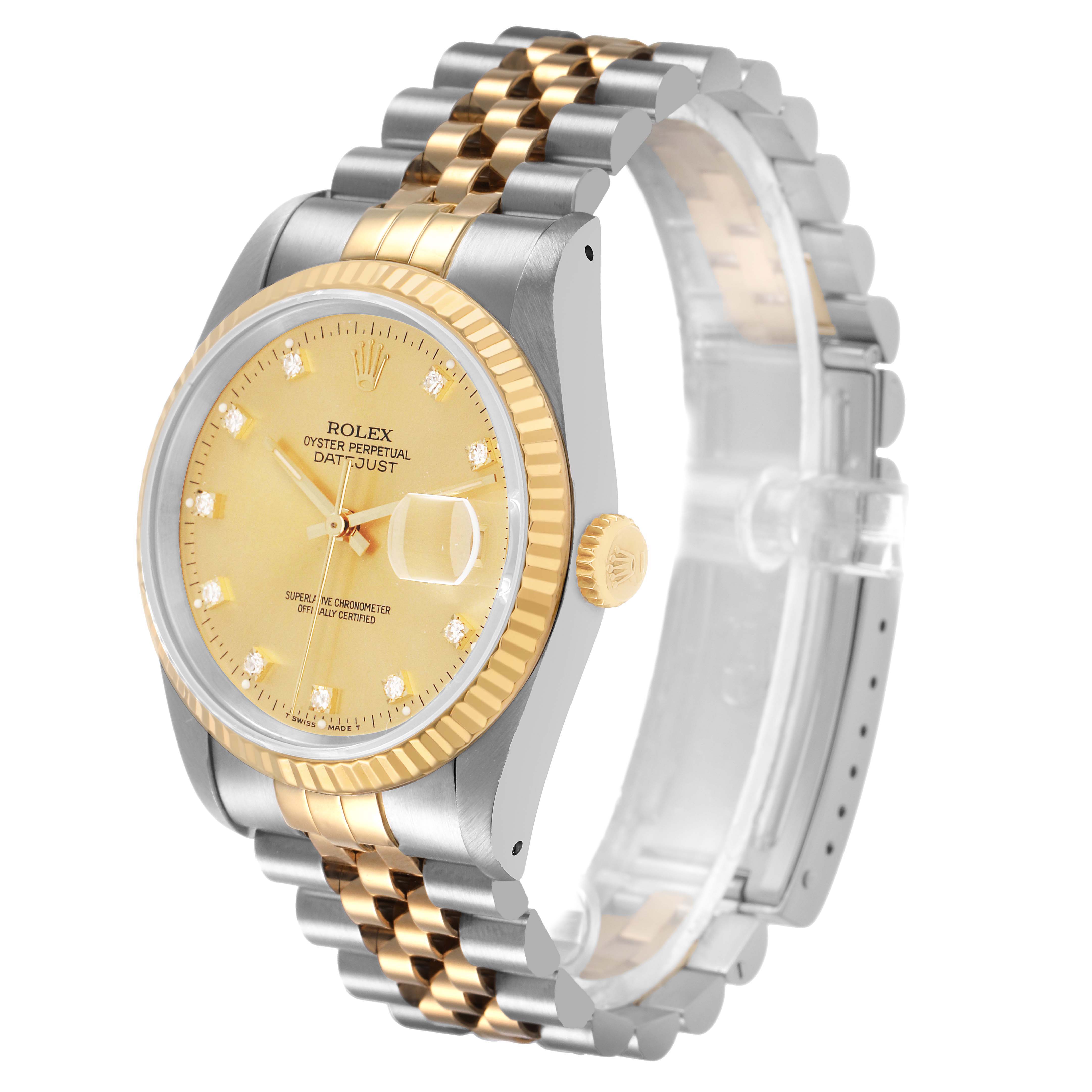 The Rolex Datejust 16233 Men's Steel and Gold (two tone) Champagne Dial watch is shown at a slight angle, displaying the face, bezel, crown, and bracelet.