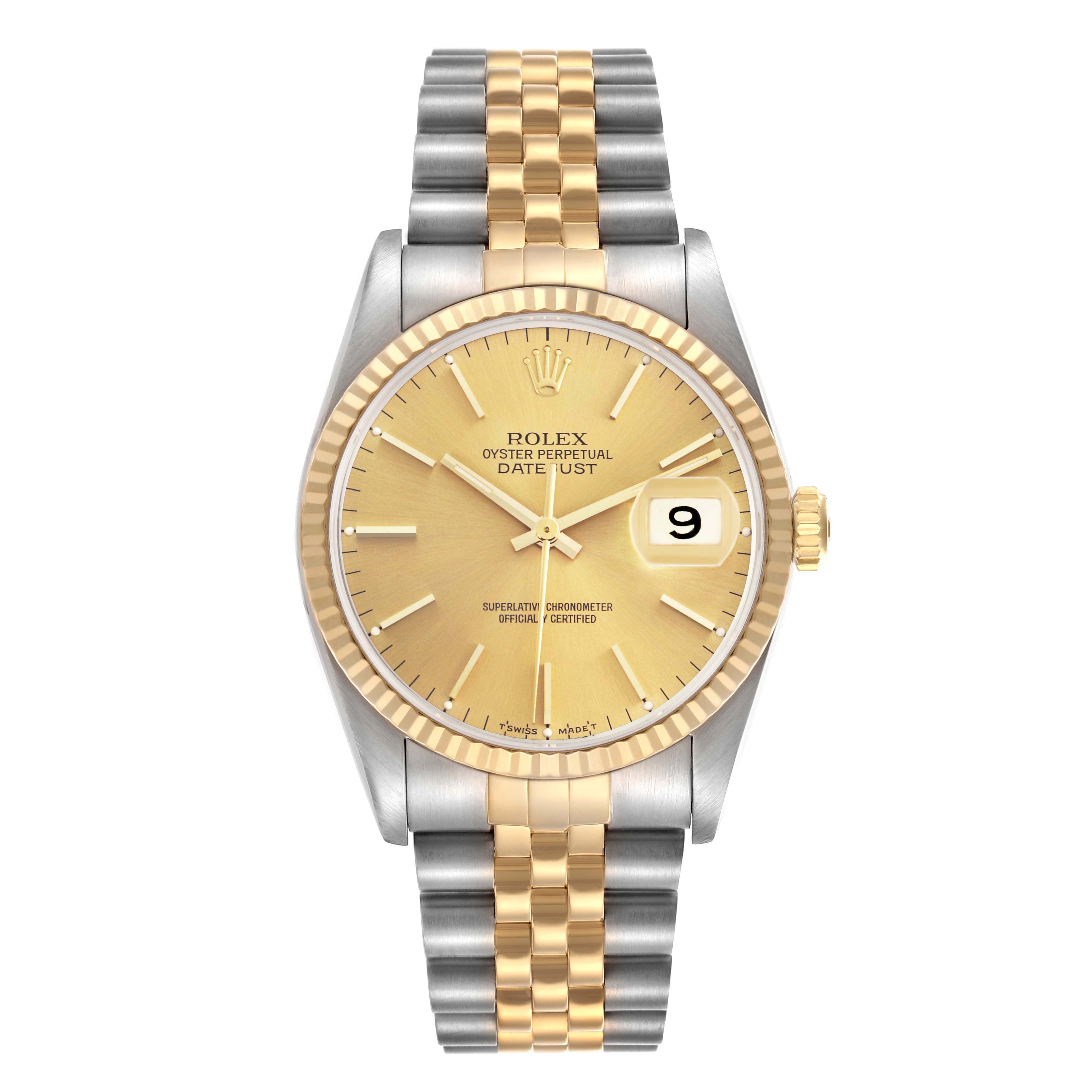 The Rolex Datejust 16233 Men's Steel and Gold (two tone) Champagne Dial 16233 Men's Steel and Gold (two tone) Champagne Dial watch is shown from a front angle, highlighting the gold and silver case, fluted bezel, and jubilee bracelet.