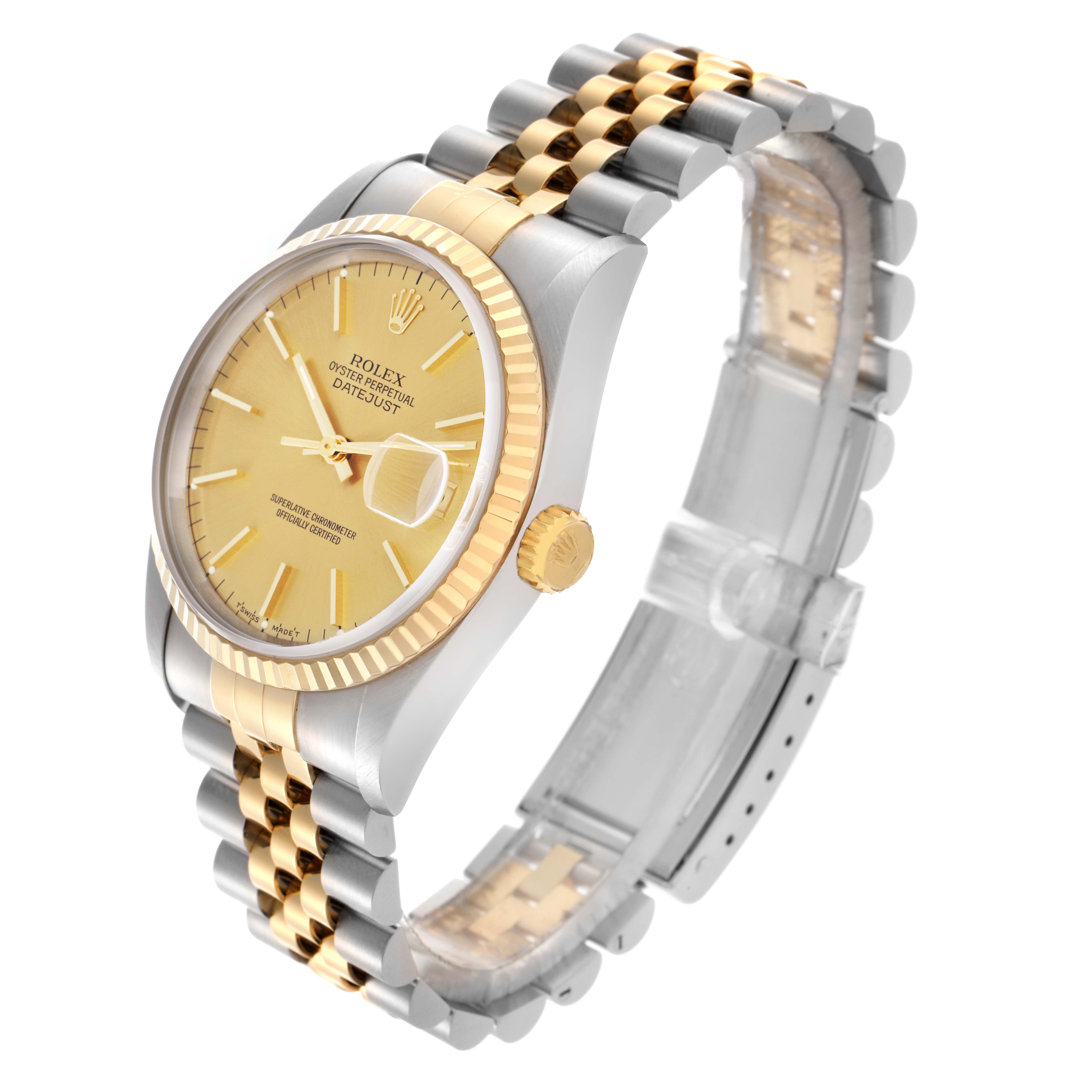 The Rolex Datejust 16233 Men's Steel and Gold (two tone) Champagne Dial 16233 Men's Steel and Gold (two tone) Champagne Dial watch is shown at a three-quarter angle, highlighting the dial, fluted bezel, and two-tone bracelet.