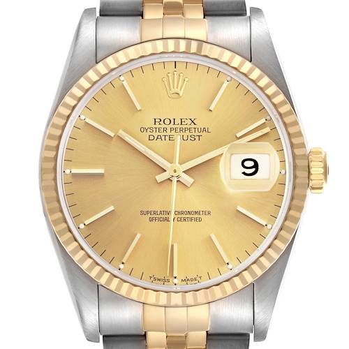 The Rolex Datejust watch is shown from a frontal angle, highlighting the dial, bezel, hands, and part of the bracelet.