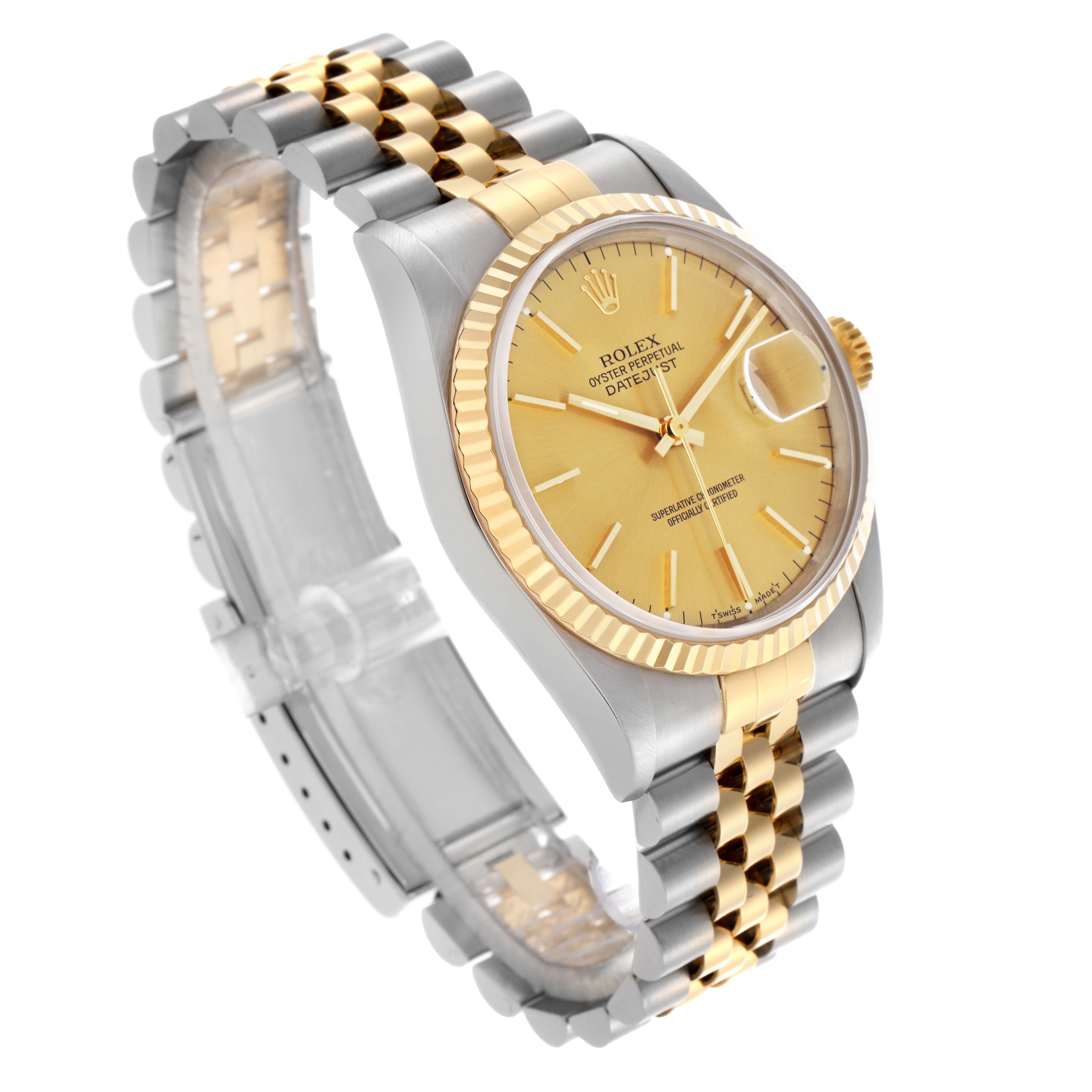 The Rolex Datejust 16233 Men's Steel and Gold (two tone) Champagne Dial 16233 Men's Steel and Gold (two tone) Champagne Dial watch is shown at a three-quarter angle, displaying the dial, bezel, two-tone bracelet, and the crown.