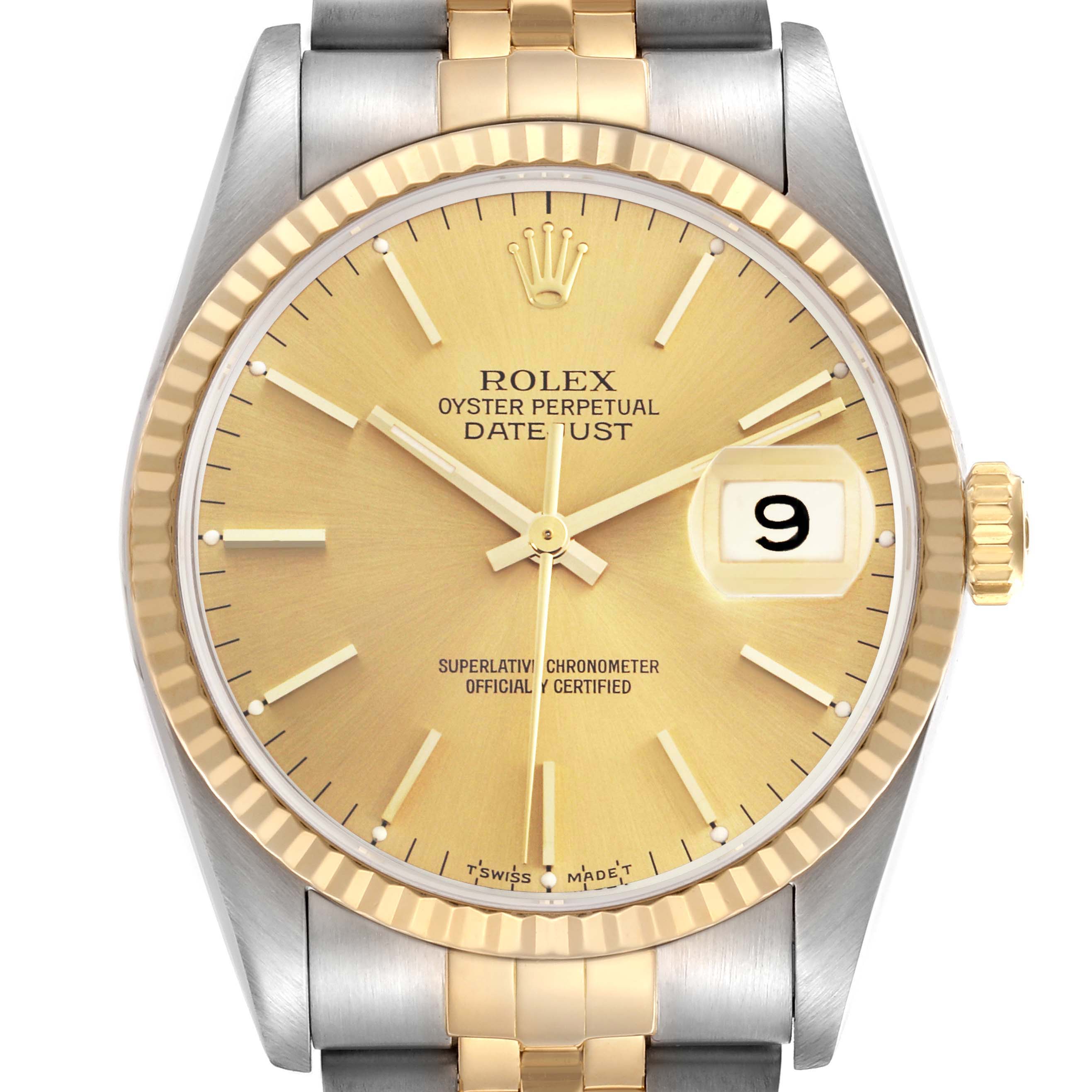 The Rolex Datejust 16233 Men's Steel and Gold (two tone) Champagne Dial 16233 Men's Steel and Gold (two tone) Champagne Dial watch is shown from the front, highlighting the dial, crown, bezel, and a portion of the bracelet.