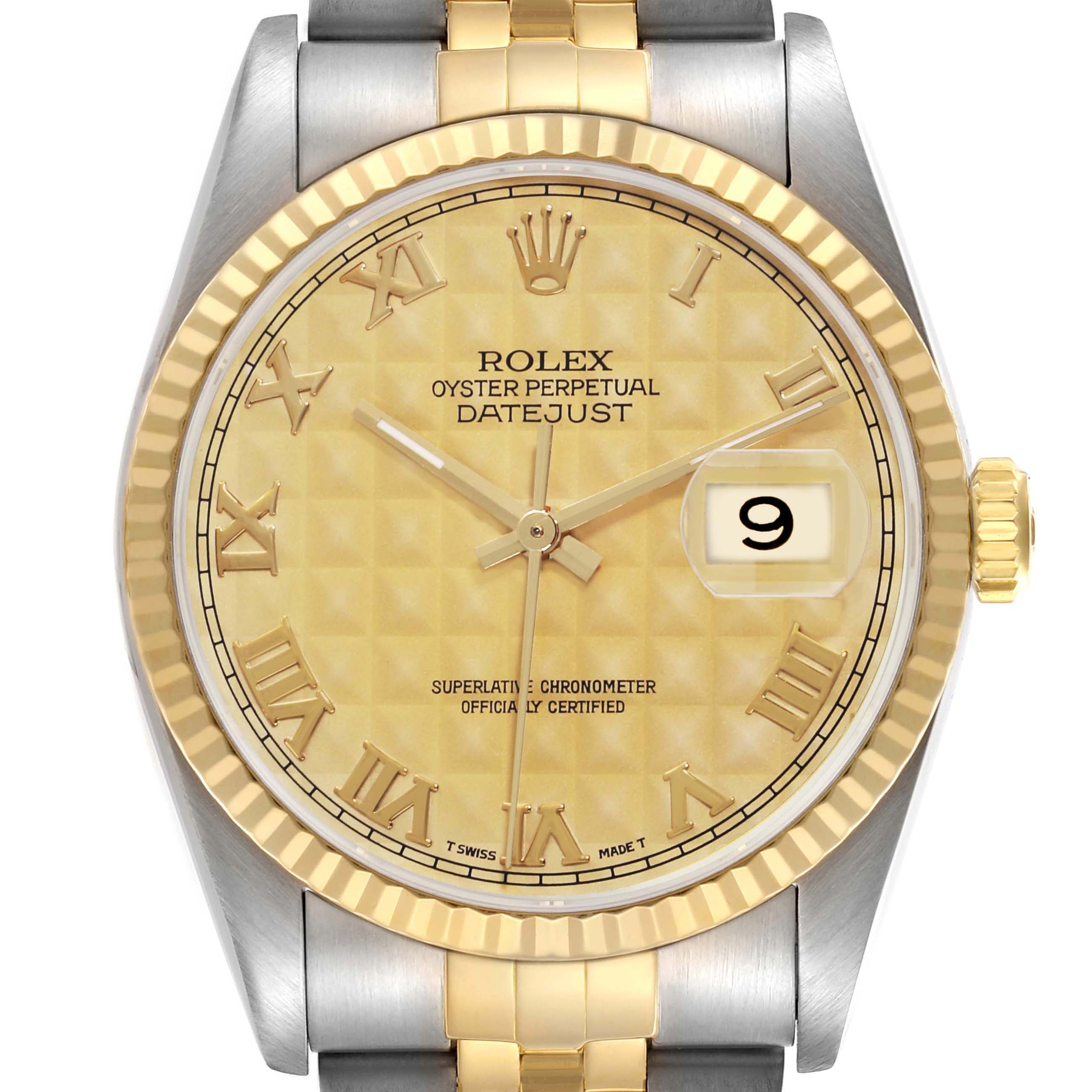 The image shows a Rolex Datejust 71081 Men
s Steel and Gold (two tone) Champagne Dial 71081 Men
s Steel and Gold (two tone) Champagne Dial watch from a front angle, highlighting its dial, bezel, and part of the bracelet.