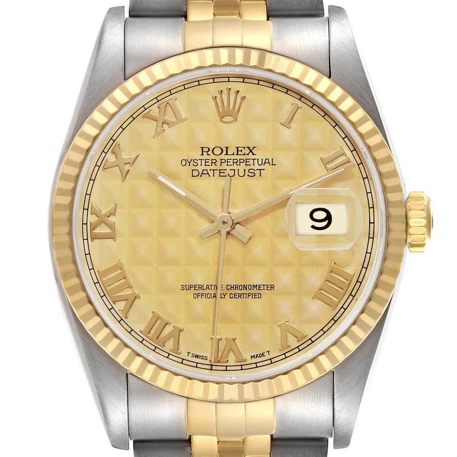 The image shows a Rolex Datejust watch from a front angle, highlighting its dial, bezel, and part of the bracelet.