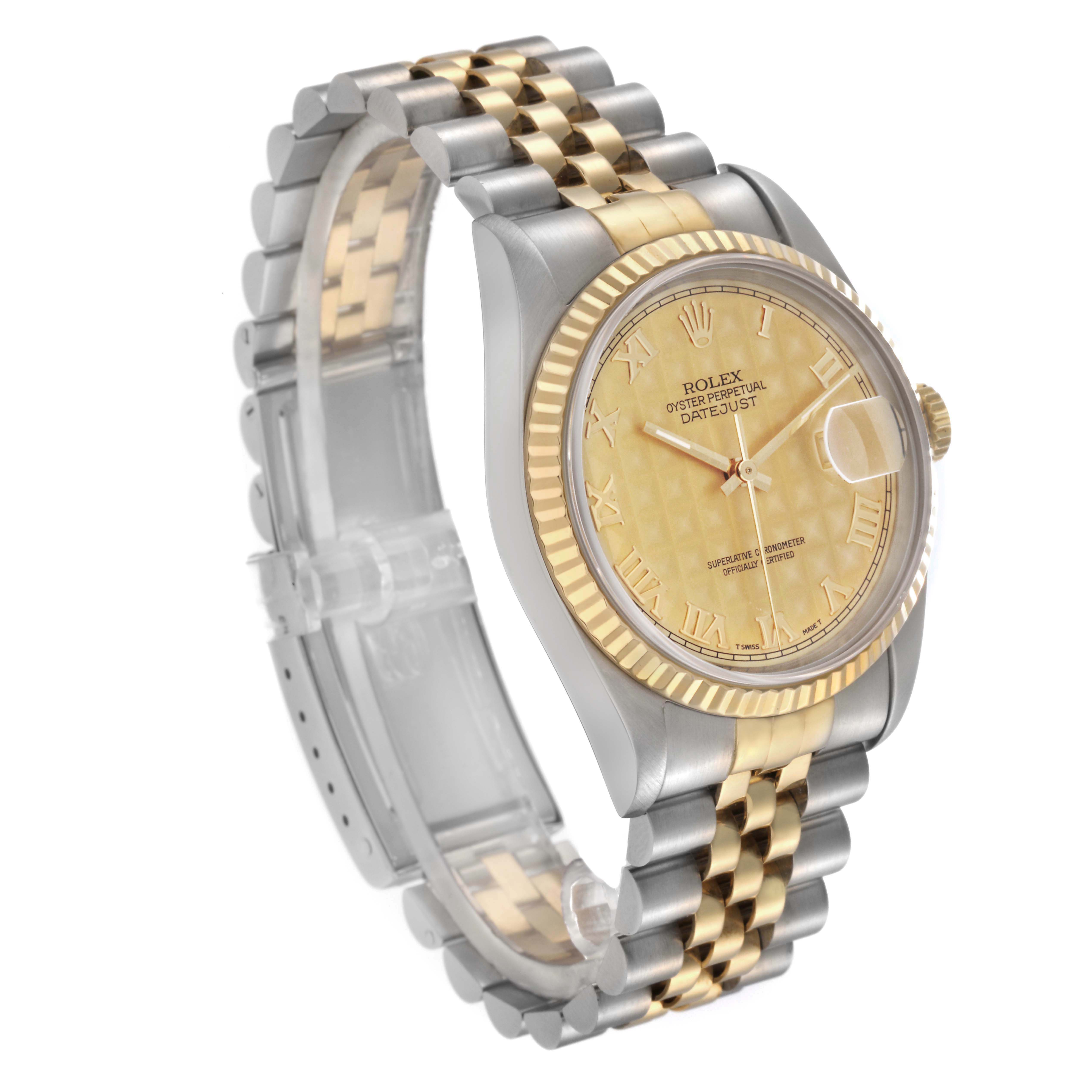 The Rolex Datejust 71081 Men
s Steel and Gold (two tone) Champagne Dial 71081 Men
s Steel and Gold (two tone) Champagne Dial watch is shown at a three-quarter angle, displaying the face, bezel, and bracelet.