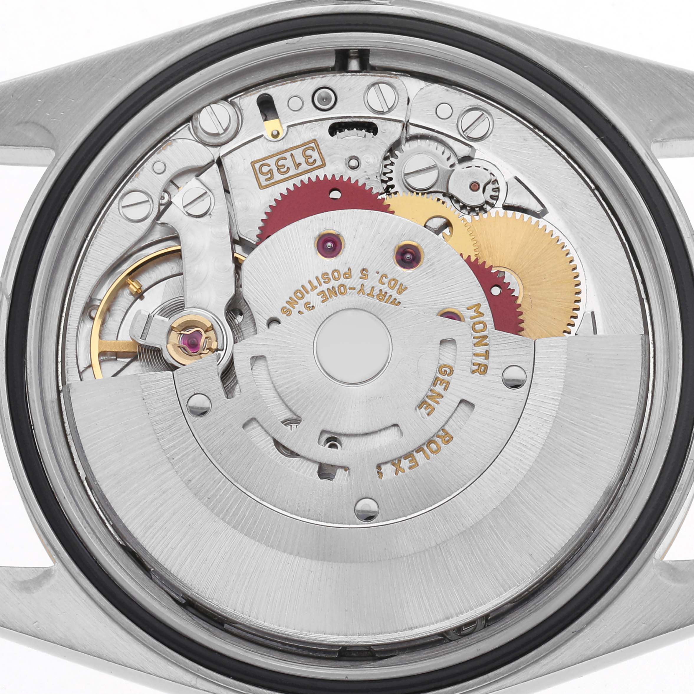 The image shows the movement mechanism of a Rolex Datejust 71081 Men
s Steel and Gold (two tone) Champagne Dial 71081 Men
s Steel and Gold (two tone) Champagne Dial watch, viewed from the back.