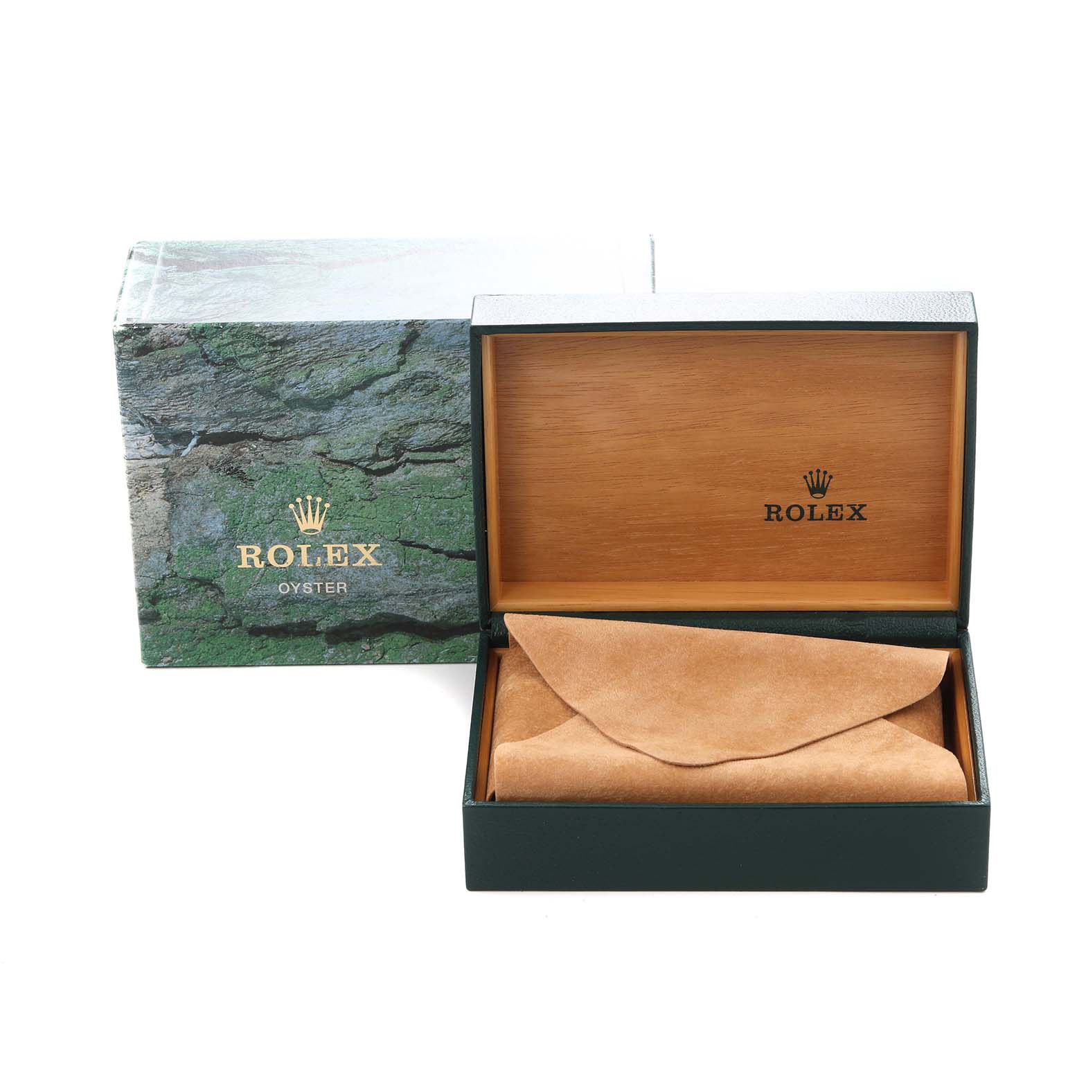 The image shows a Rolex Datejust 71081 Men
s Steel and Gold (two tone) Champagne Dial 71081 Men
s Steel and Gold (two tone) Champagne Dial box and pouch, with the box open, revealing its interior.